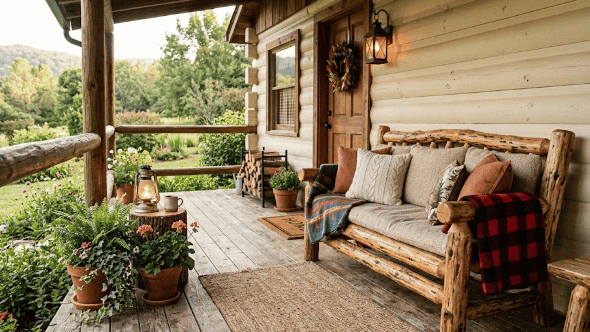 rustic cabin porch with log bench cozy blankets and lantern beside peaceful countryside garden