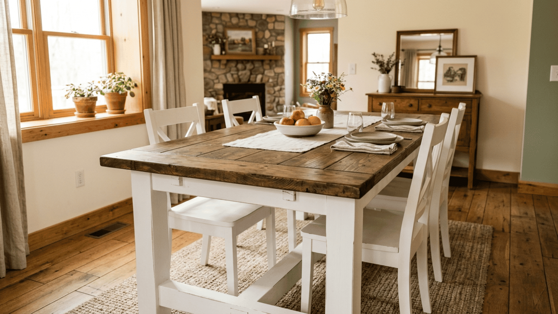rustic dining room with wooden table white chairs fruit bowl and stone fireplace beside sunlit windows