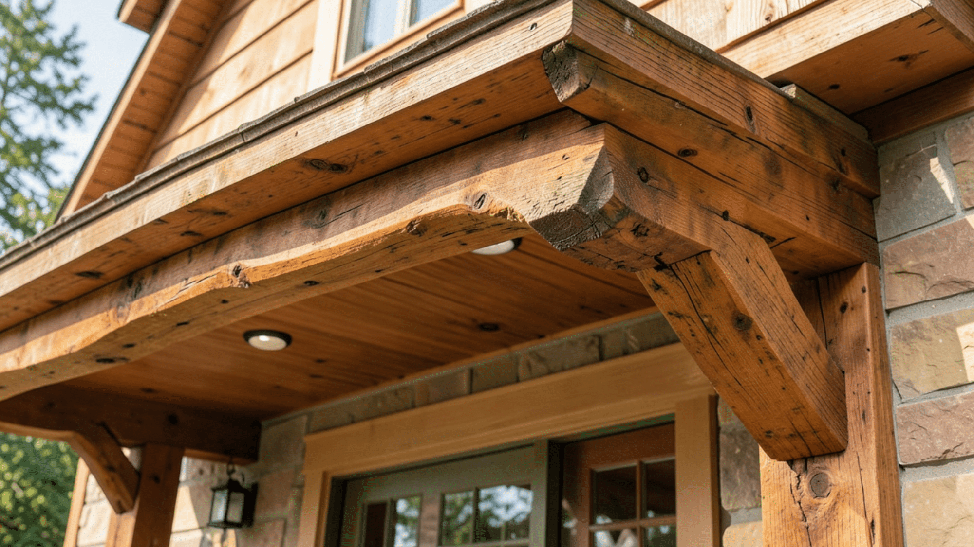 rustic timber beam design highlighting front porch overhang ideas with natural wood texture sturdy brackets and warm farmhouse charm