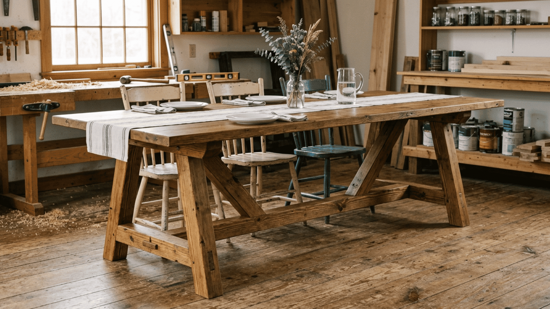 rustic wooden dining table with mixed chairs place settings and flowers inside cozy woodworking studio space
