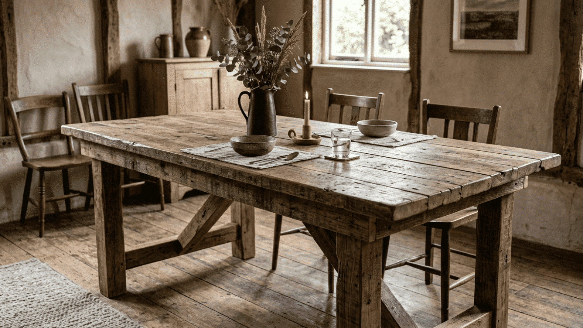 rustic wooden dining table with simple place settings candle and flower vase inside cozy farmhouse dining room