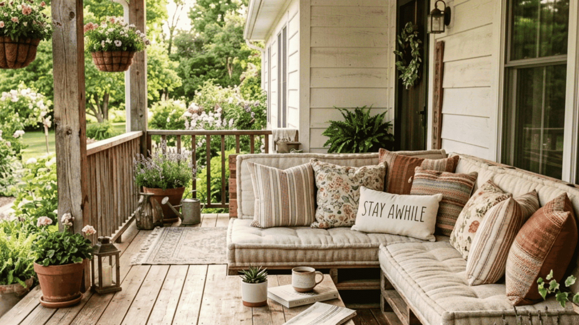 rustic wooden porch with cozy sectional sofa hanging flowers and garden plants surrounding outdoor seating