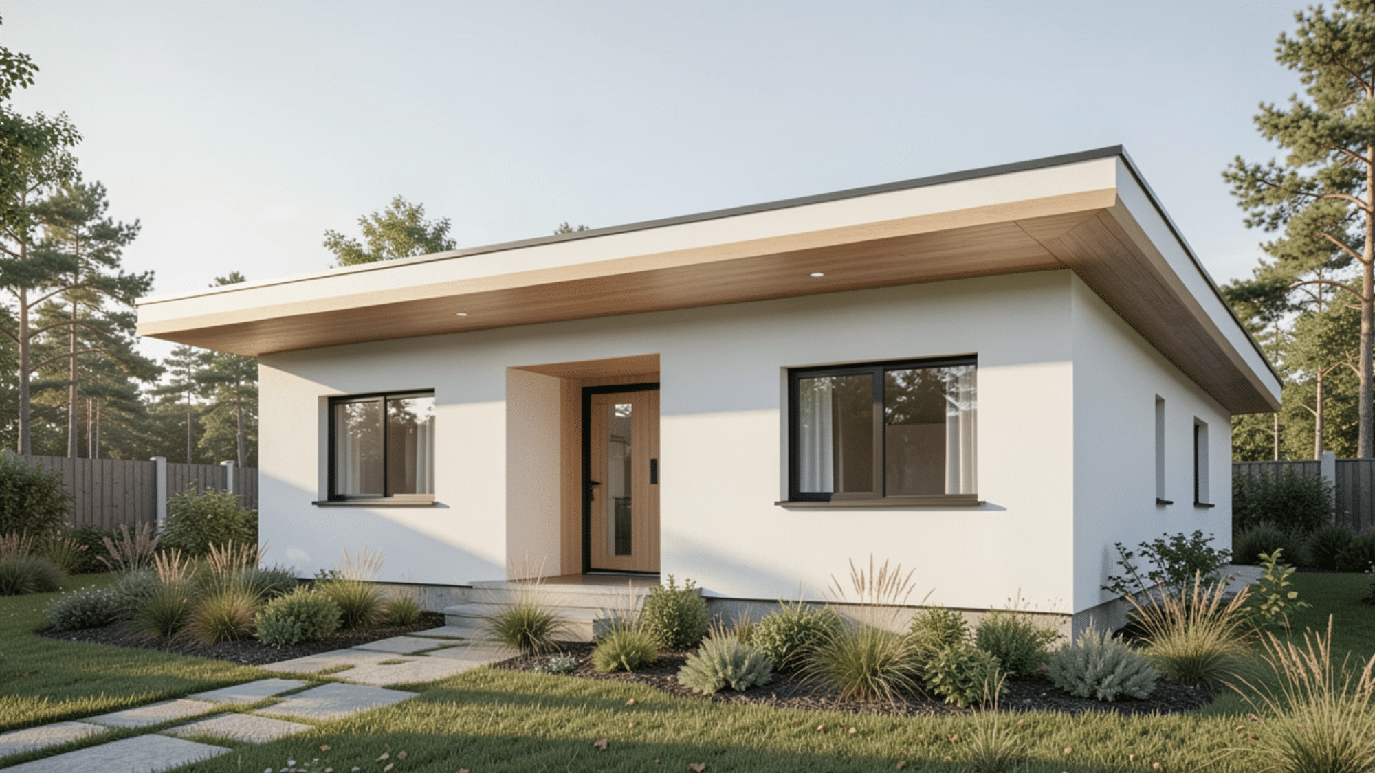 scandinavian inspired home with a clean minimalist roofline showcasing simple front porch overhang ideas and warm wood accents