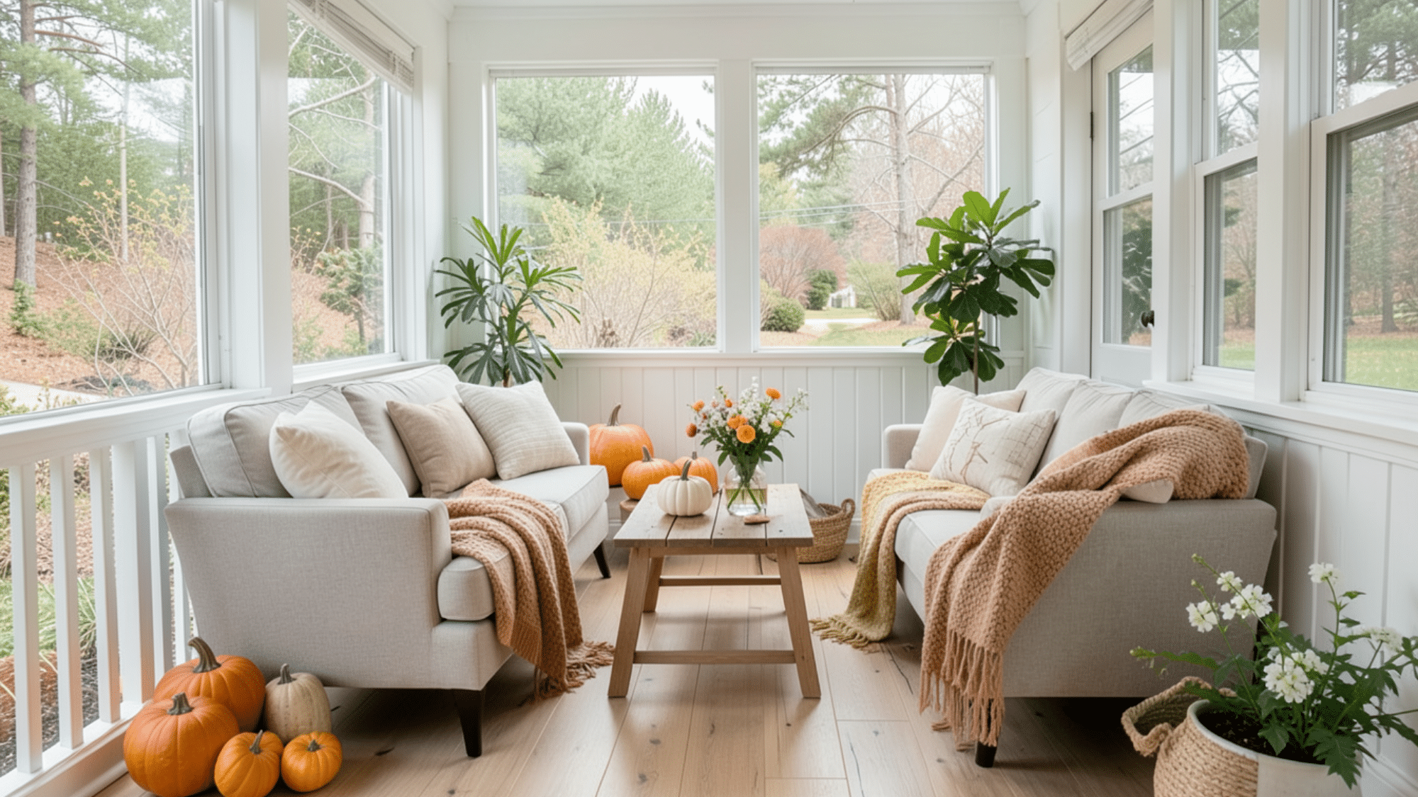 seasonal decor with pumpkins cozy throws and flowers ideal for enclosed porch ideas on a budget