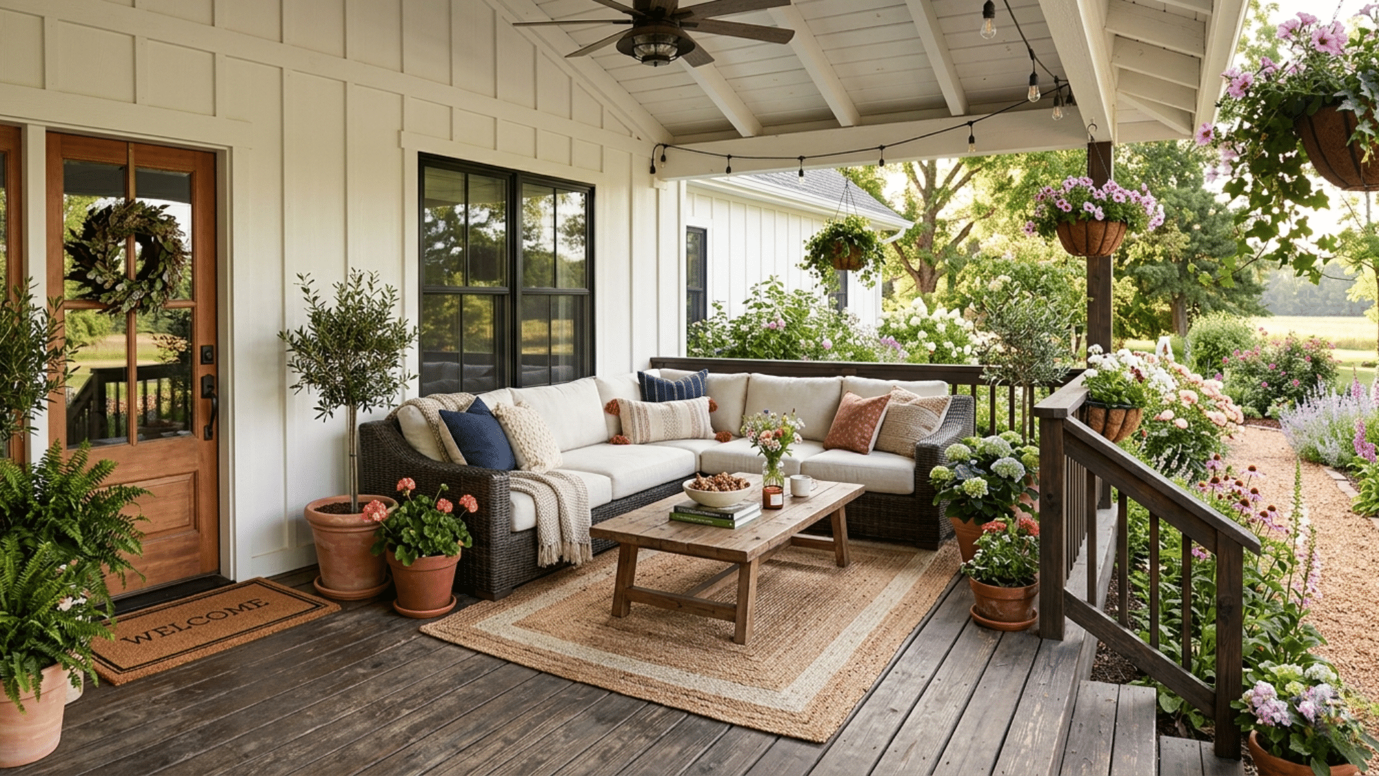 sectional outdoor sofa with cushions and plants on a cozy porch a perfect setup for stylish front porch seating ideas