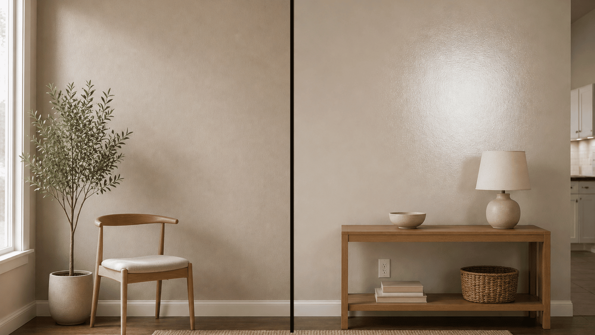 side by side wall comparison showing eggshell and satin paint finishes with matte and glossy texture differences