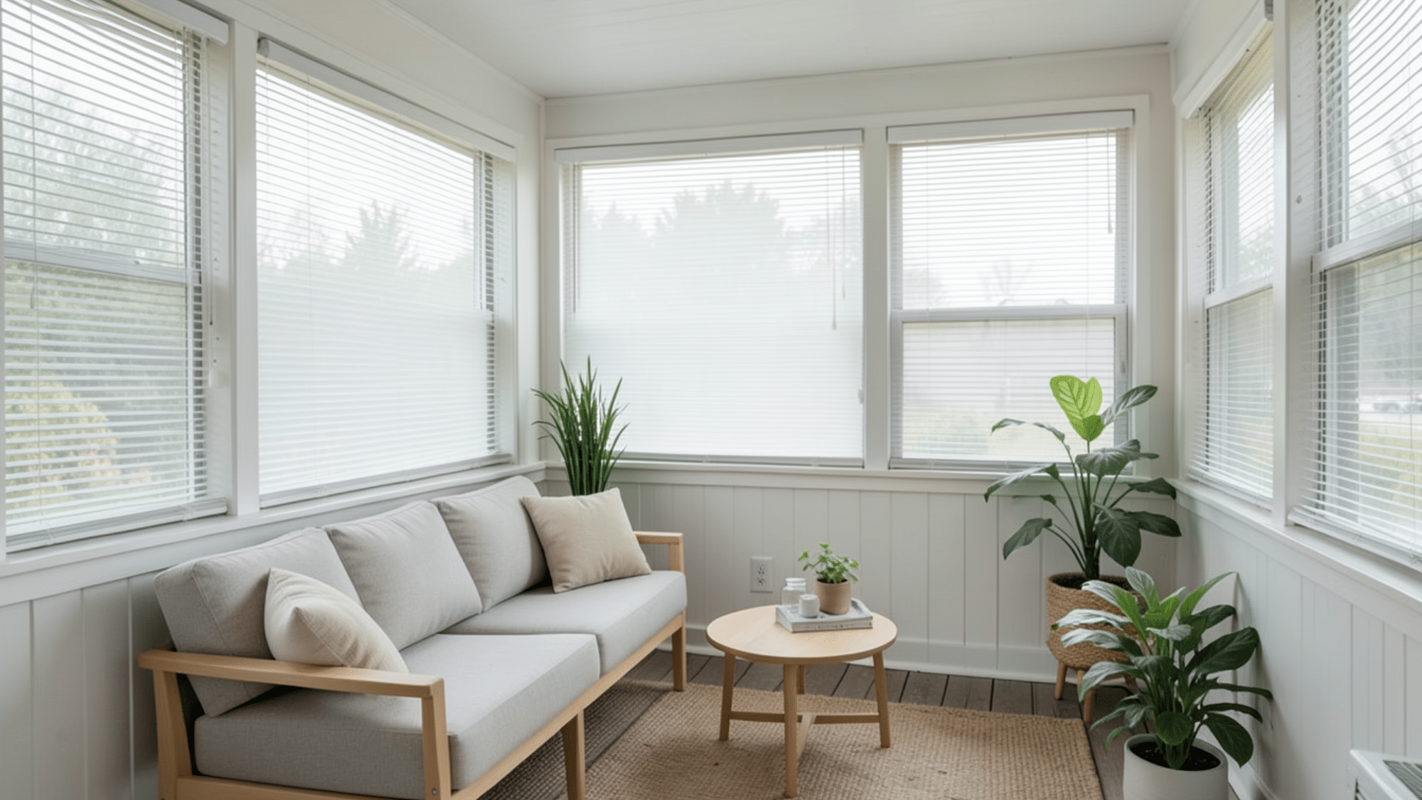 simple blinds add privacy and clean style perfect enclosed porch ideas on a budget with a calm cozy setup
