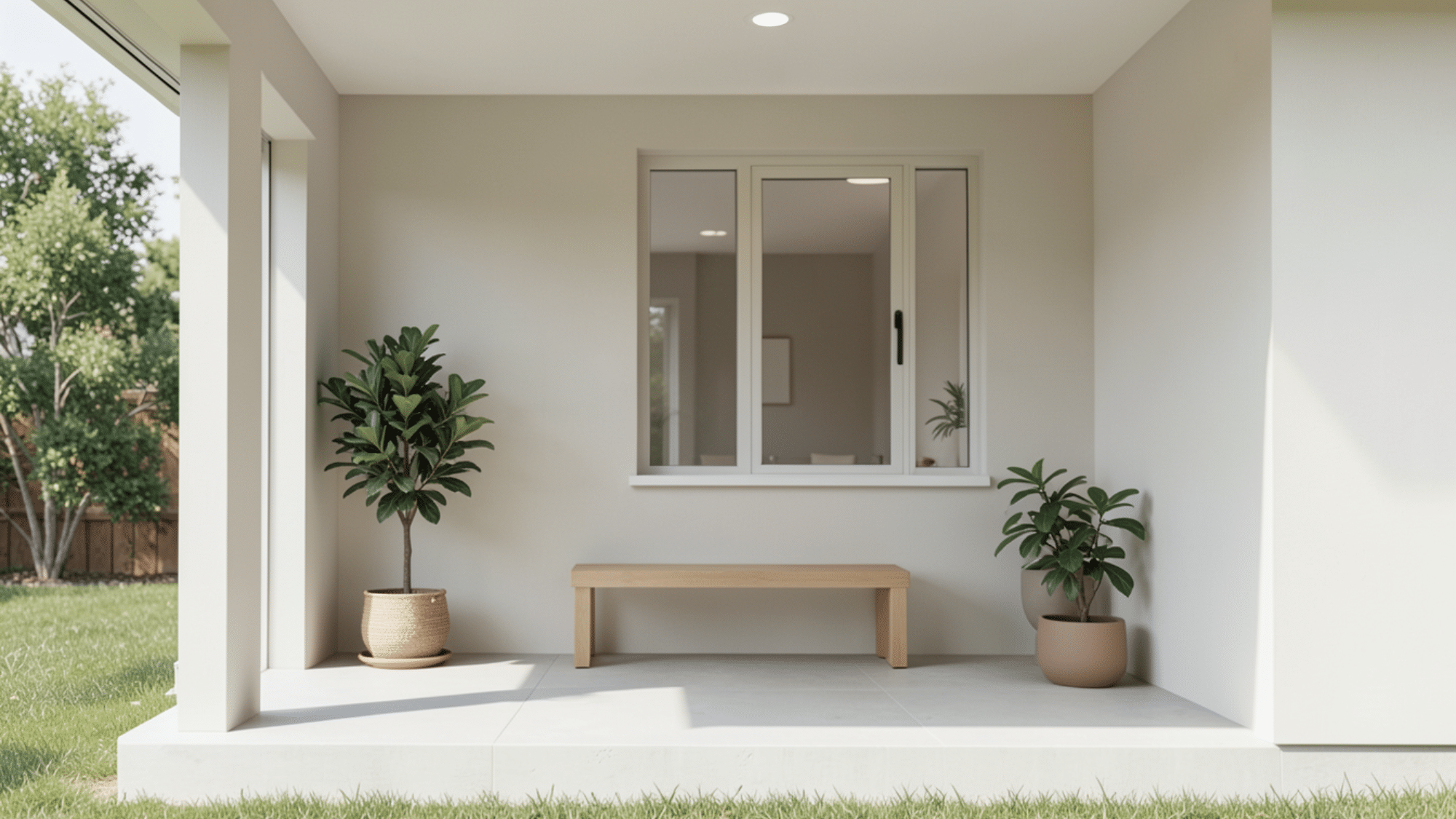simple front porch with bench and two plants clean layout and neutral tones great front porch ideas for a calm look