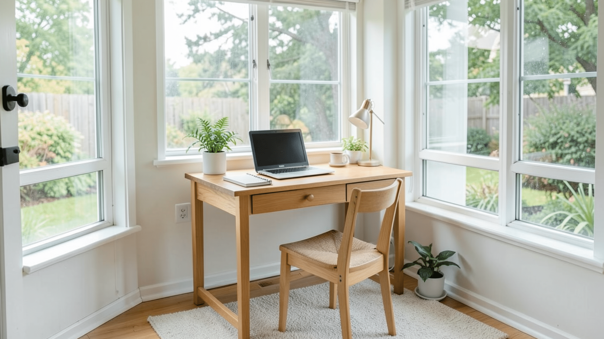 small desk workspace with laptop and plants perfect for enclosed porch ideas on a budget