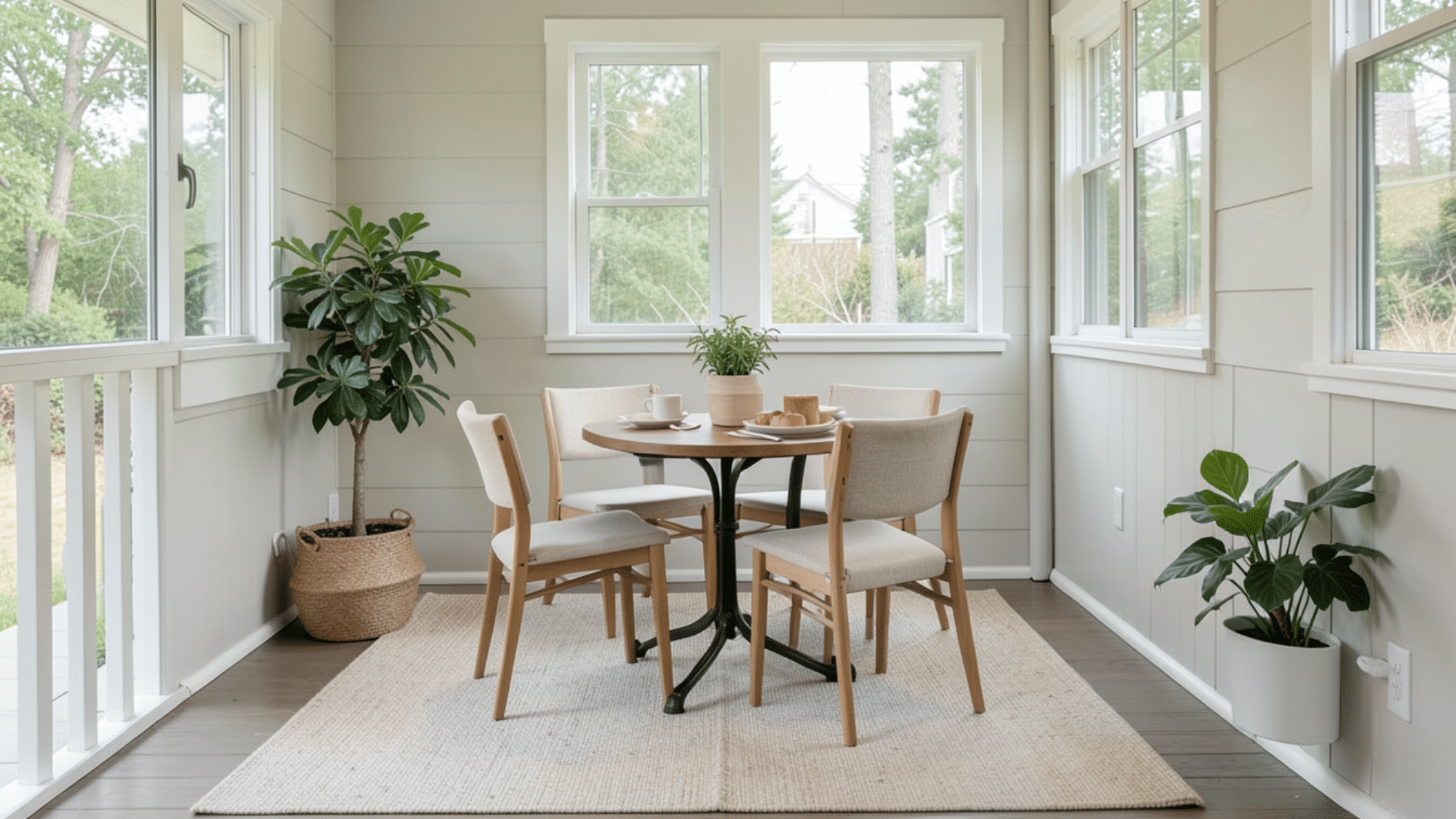 small dining setup creates a cozy meal spot perfect enclosed porch ideas on a budget with simple functional style