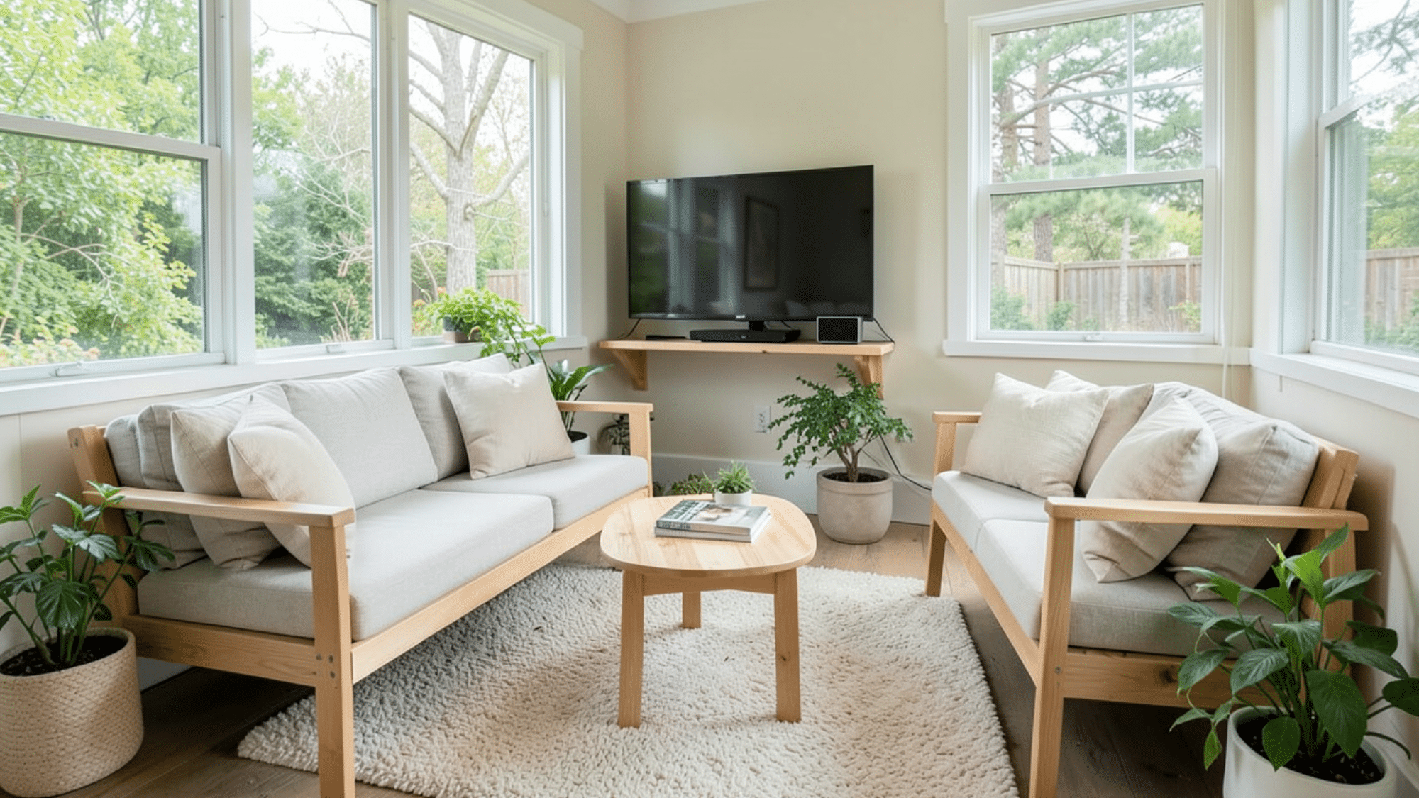 small tv setup shows enclosed porch ideas on a budget with cozy seating and simple entertainment space