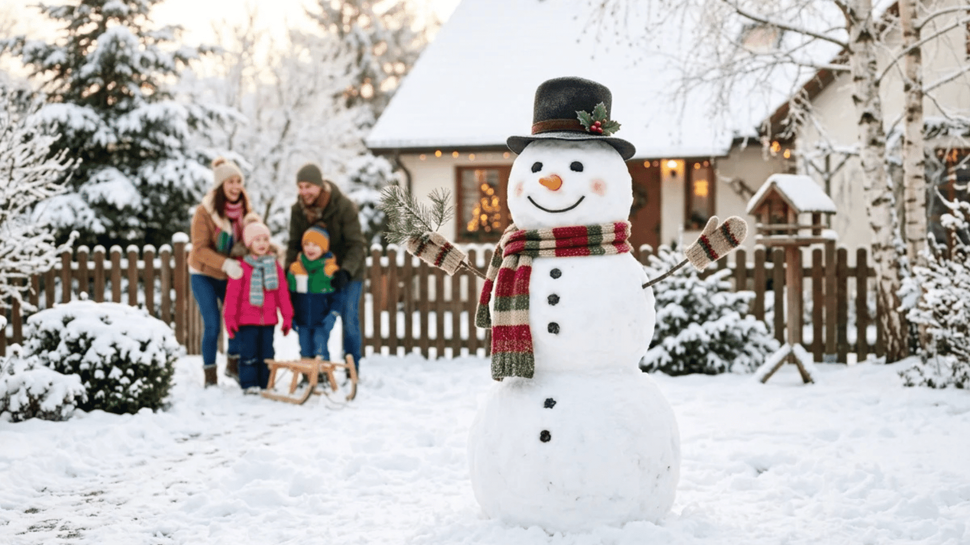 smiling snowman with scarf and hat in snowy yard while family with children plays near cozy house in background