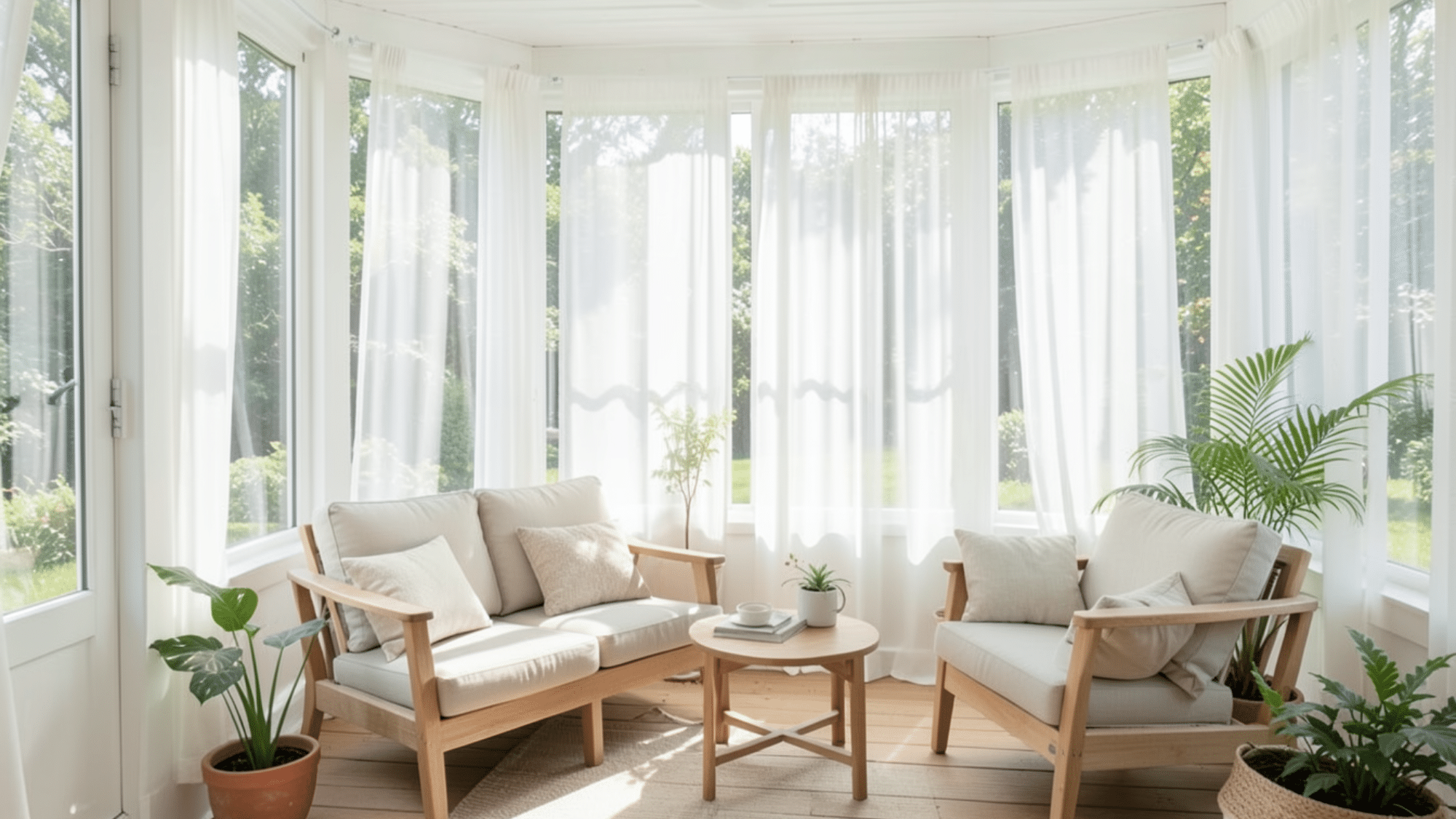 soft sheer curtains on bright porch create airy feel perfect enclosed porch ideas on a budget with natural light
