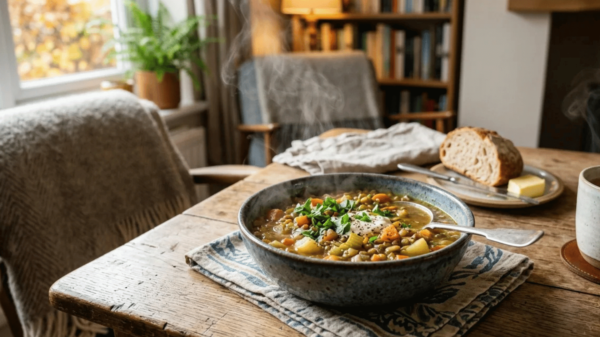 steaming bowl of vegetable soup on wooden table with bread and tea beside cozy chair and window creating warm homey atmosphere