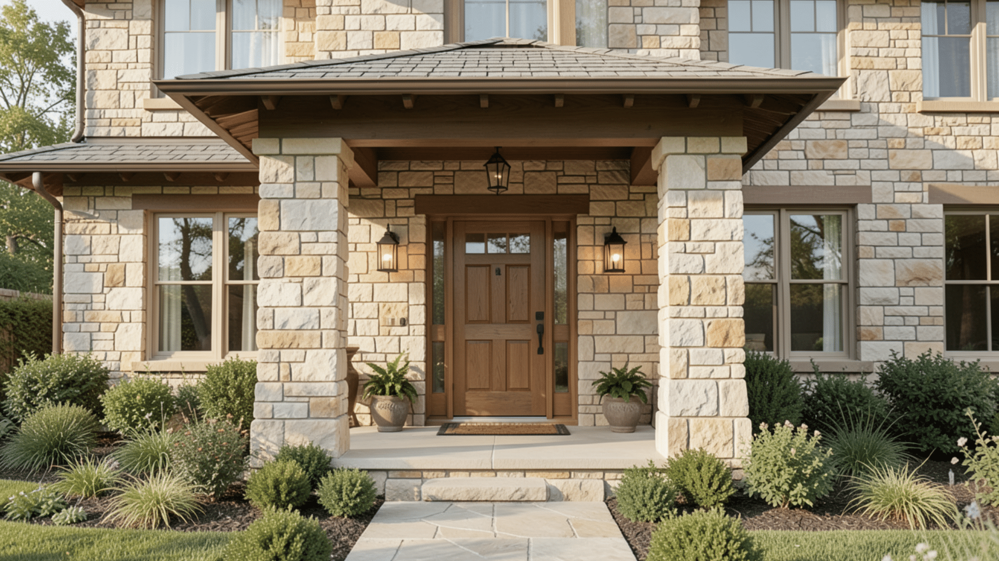 stone pillar design showcasing front porch overhang ideas with sturdy columns natural textures and a strong elegant entryway