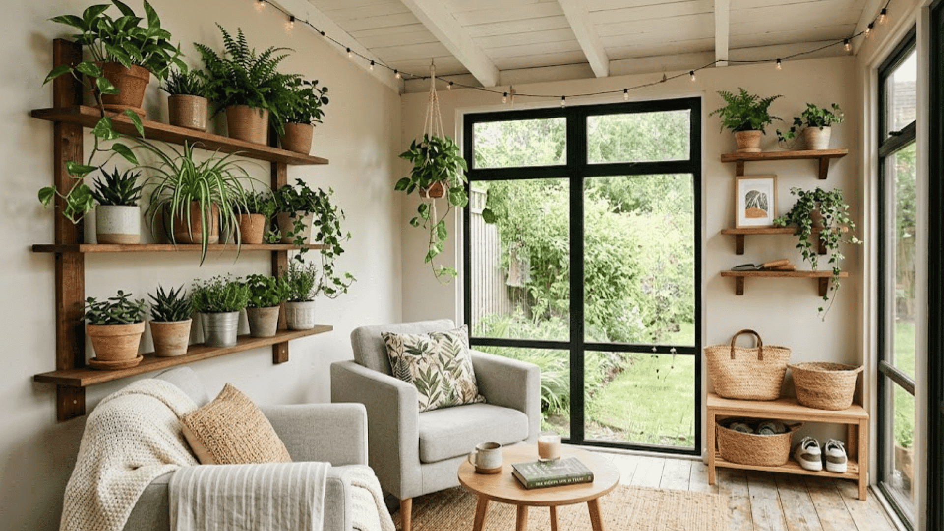 sunlit room with hanging plants wooden shelves and cozy chairs by windows inside