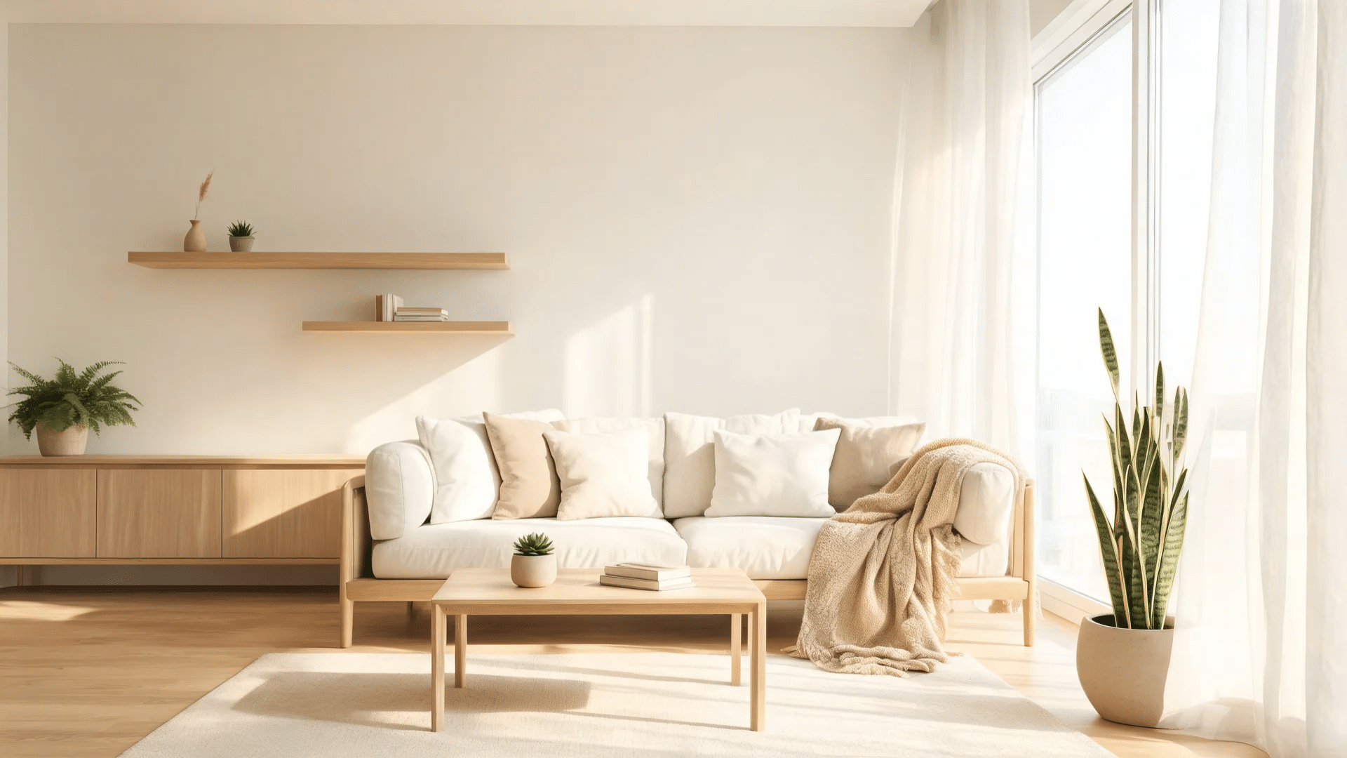 sunlit scandinavian minimalism living room with white sofa wooden decor and indoor plants