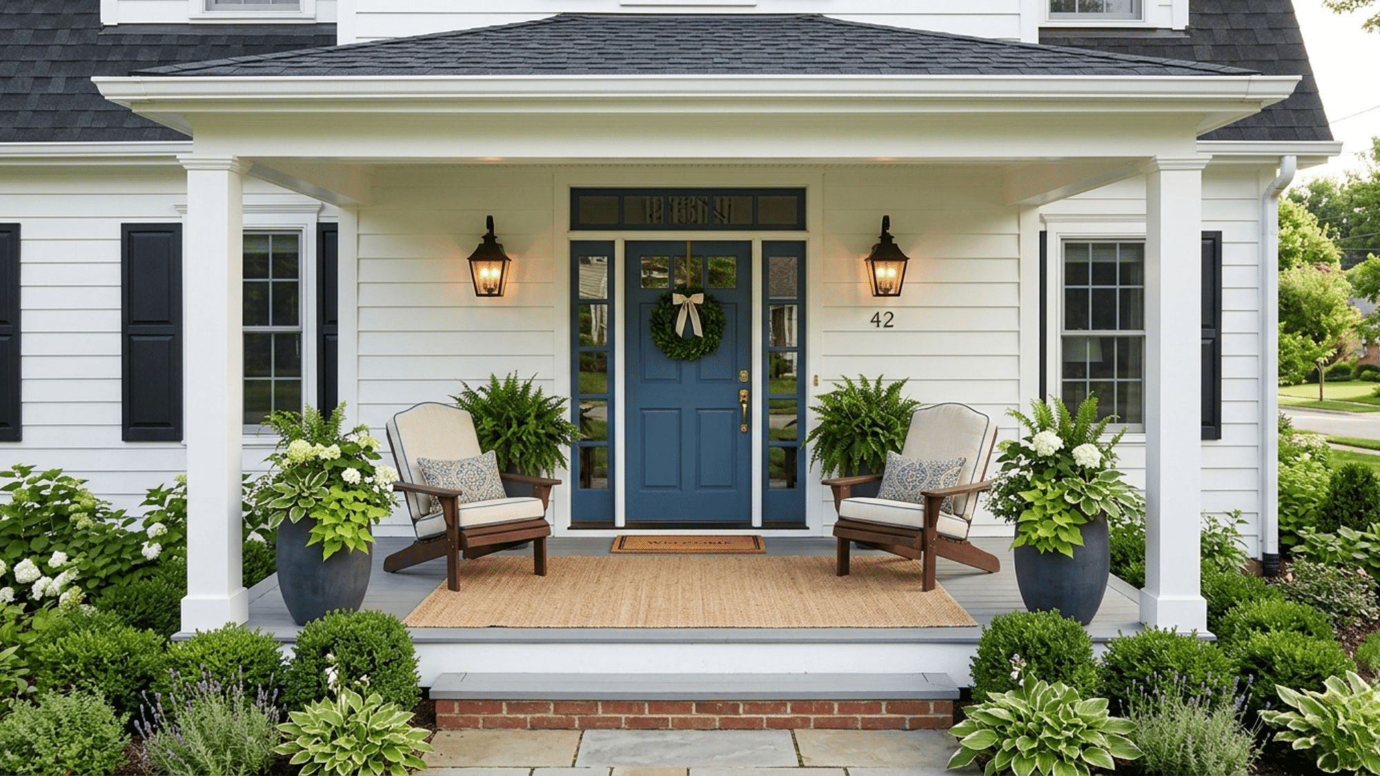 symmetrical front porch with matching chairs planters and lanterns around a blue door for a clean balanced look