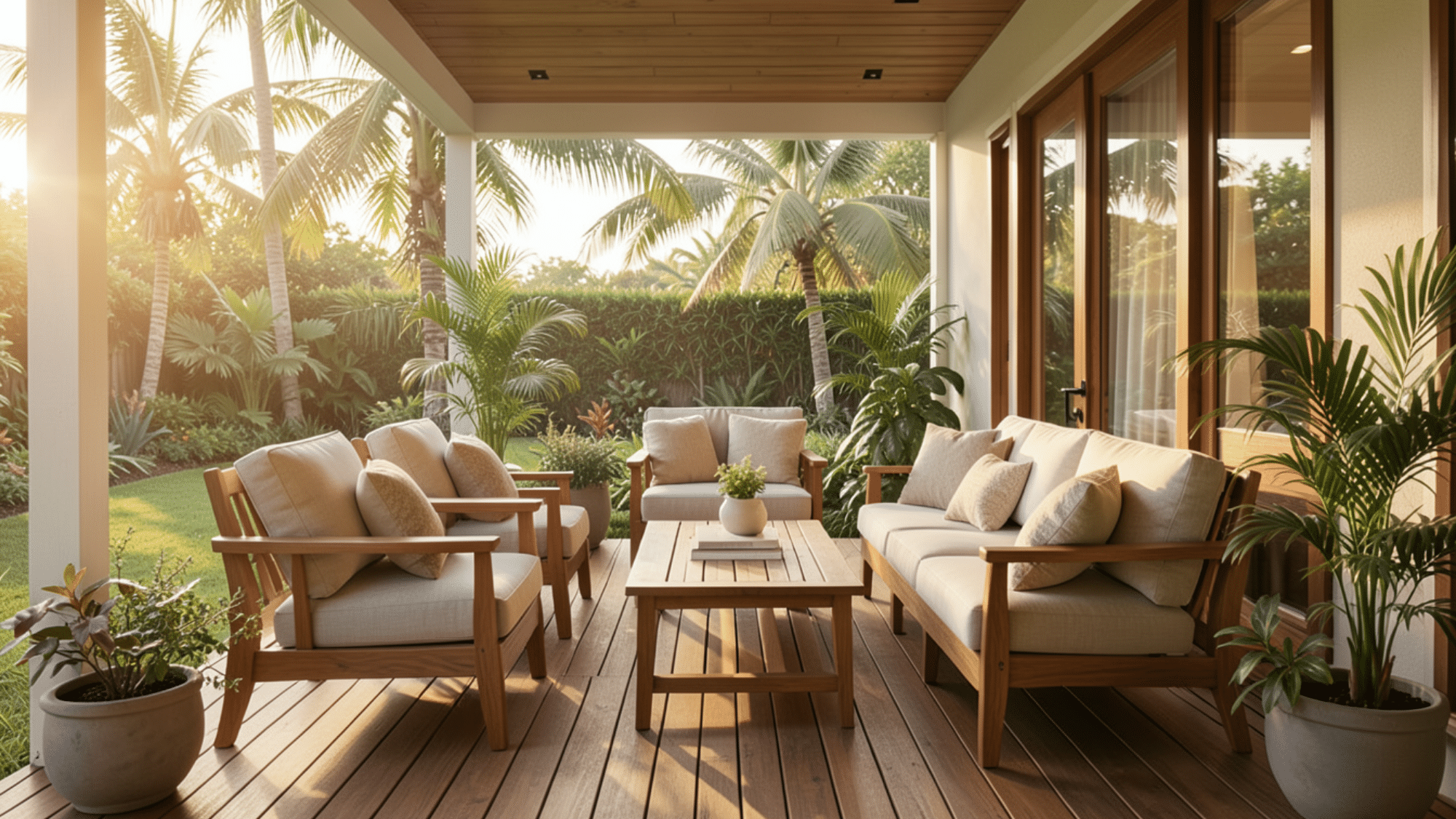 teak wood seating set with sofa and chairs on a sunny porch a calm front porch seating ideas layout with greenery