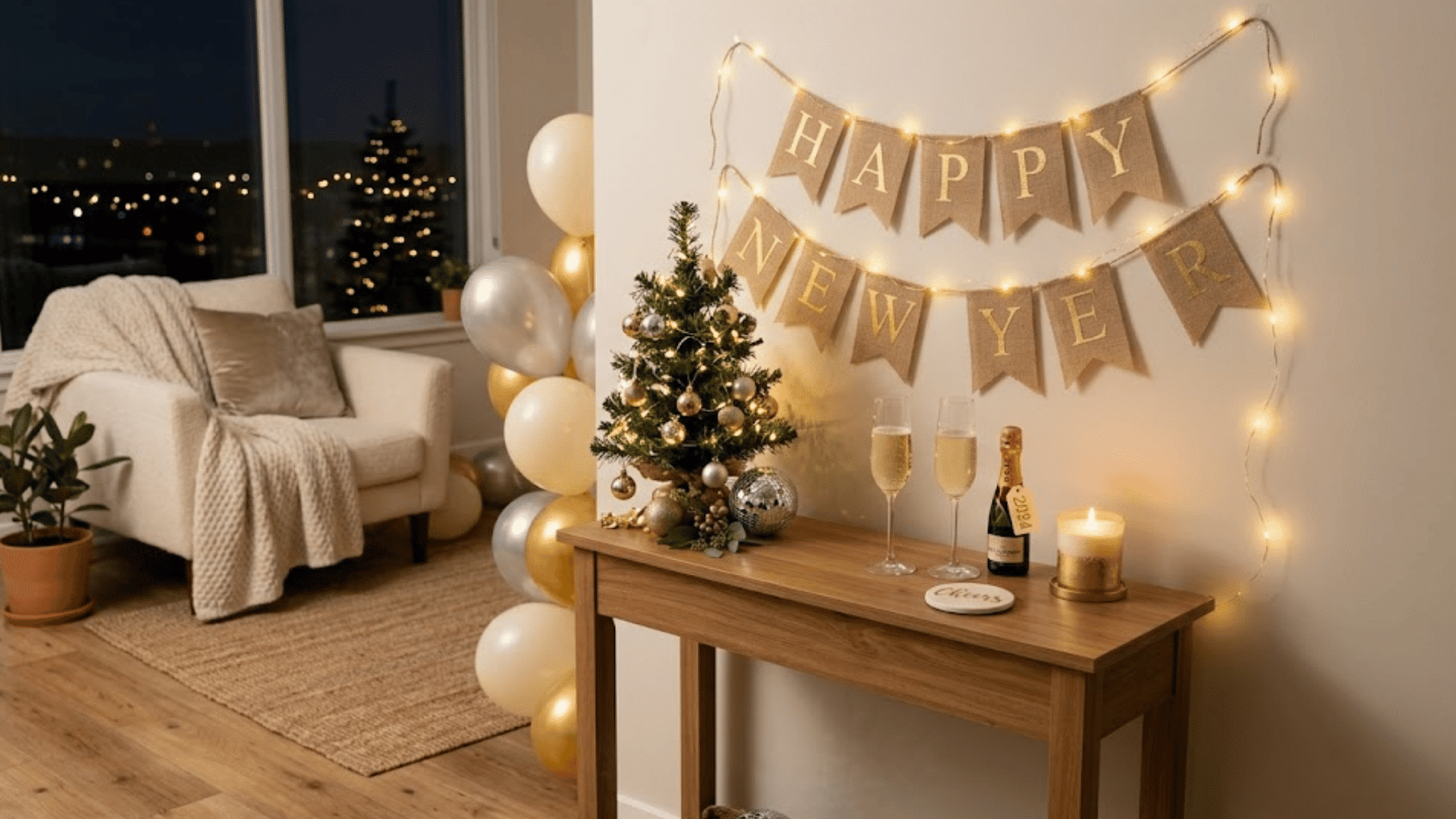 trendy new years eve decoration ideas cozy table banner lights champagne small tree