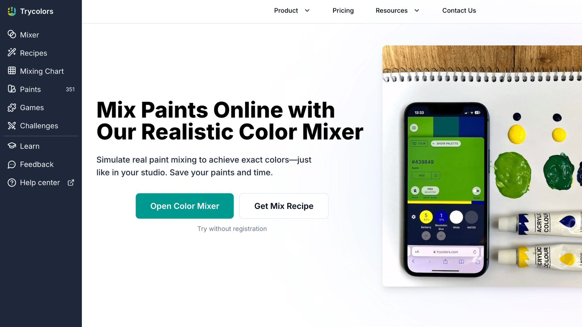 trycolors app used for mixing colors showing a paint mixer interface on phone with real paint blobs and tubes