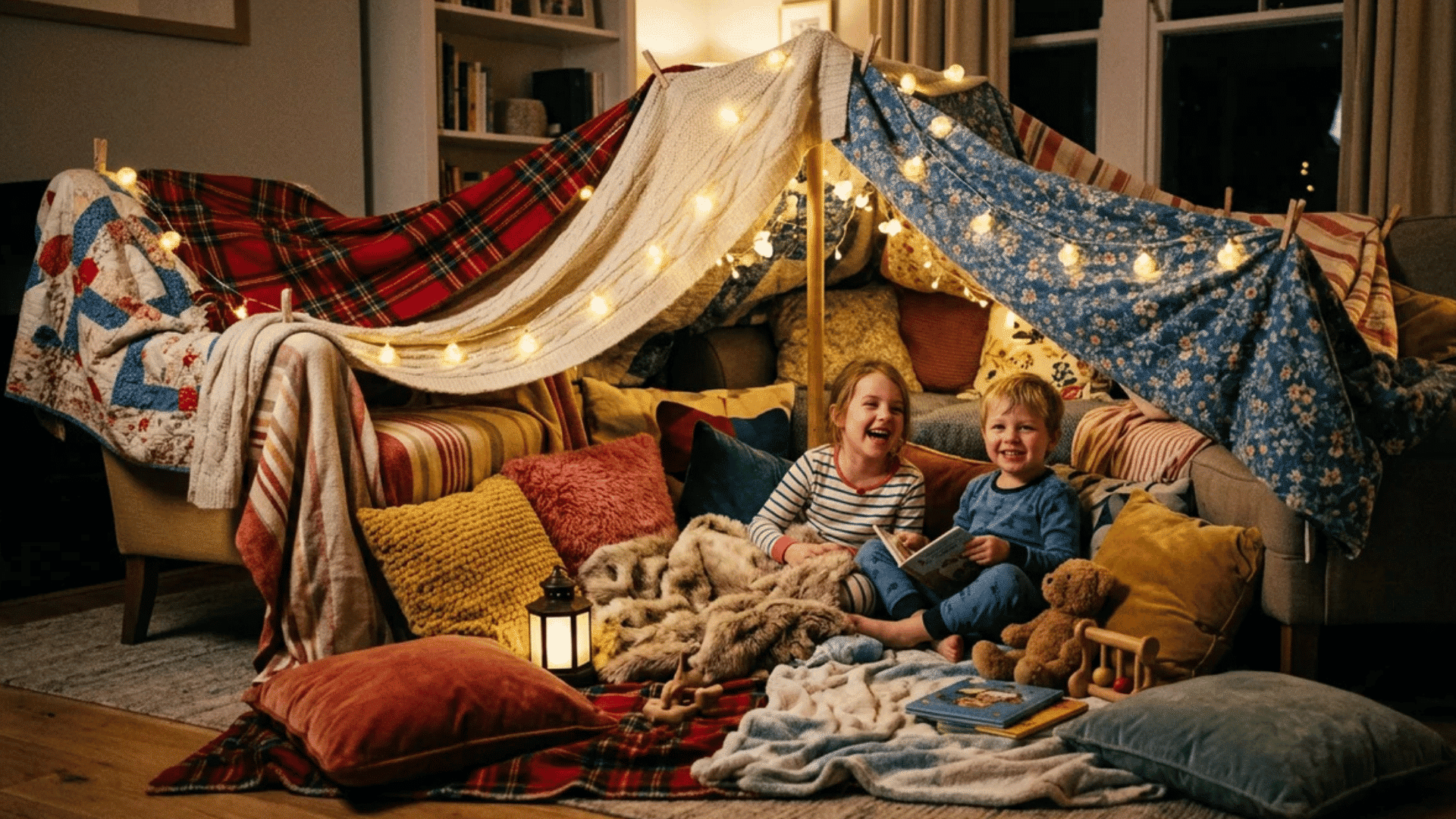 two children sitting inside blanket fort with string lights reading books and laughing surrounded by pillows in cozy living room