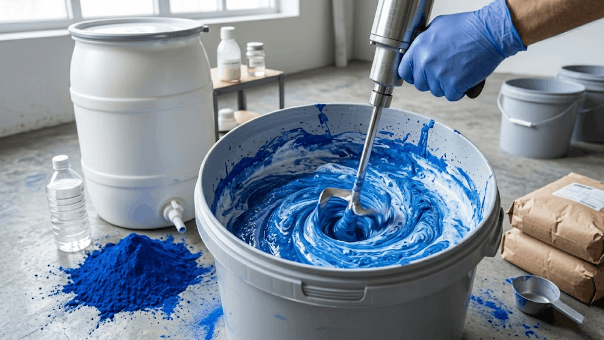 uses a mixer to blend blue and white paint in a large bucket with powder pigment and containers nearby (1)