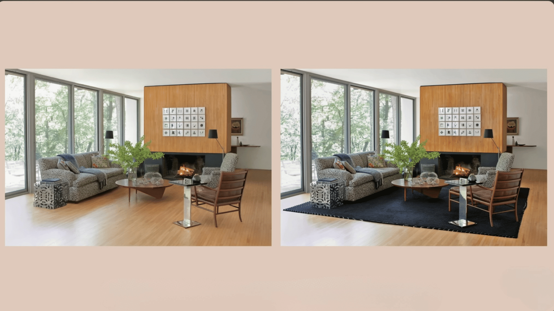 using rug to define seating area and connect furniture in living room layout