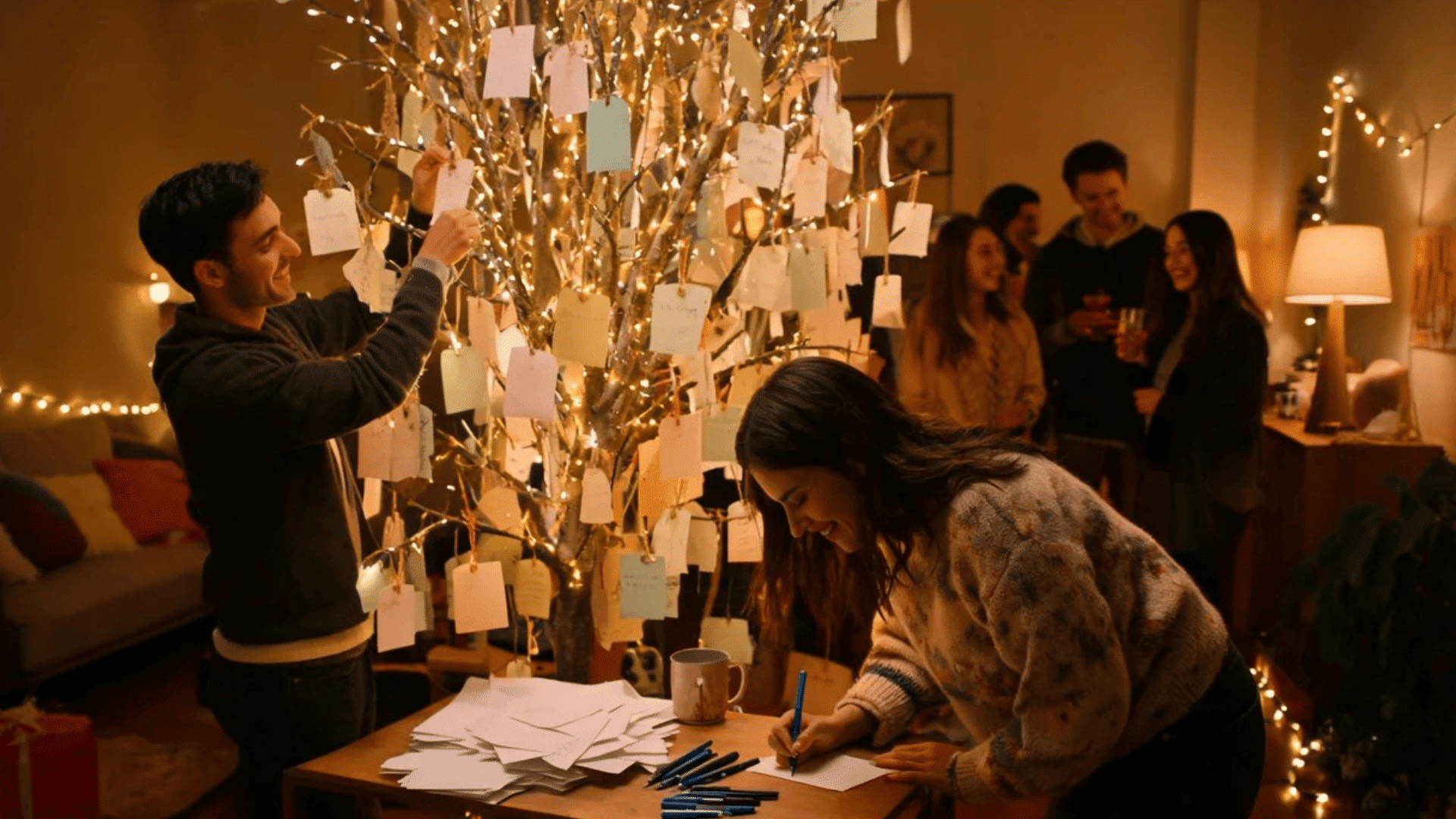 wall covered with torn people writing notes and hanging them on a tree decorated with warm lights during a cozy indoor gathering pages and photos arranged as collage lit by sunlight from nearby wi