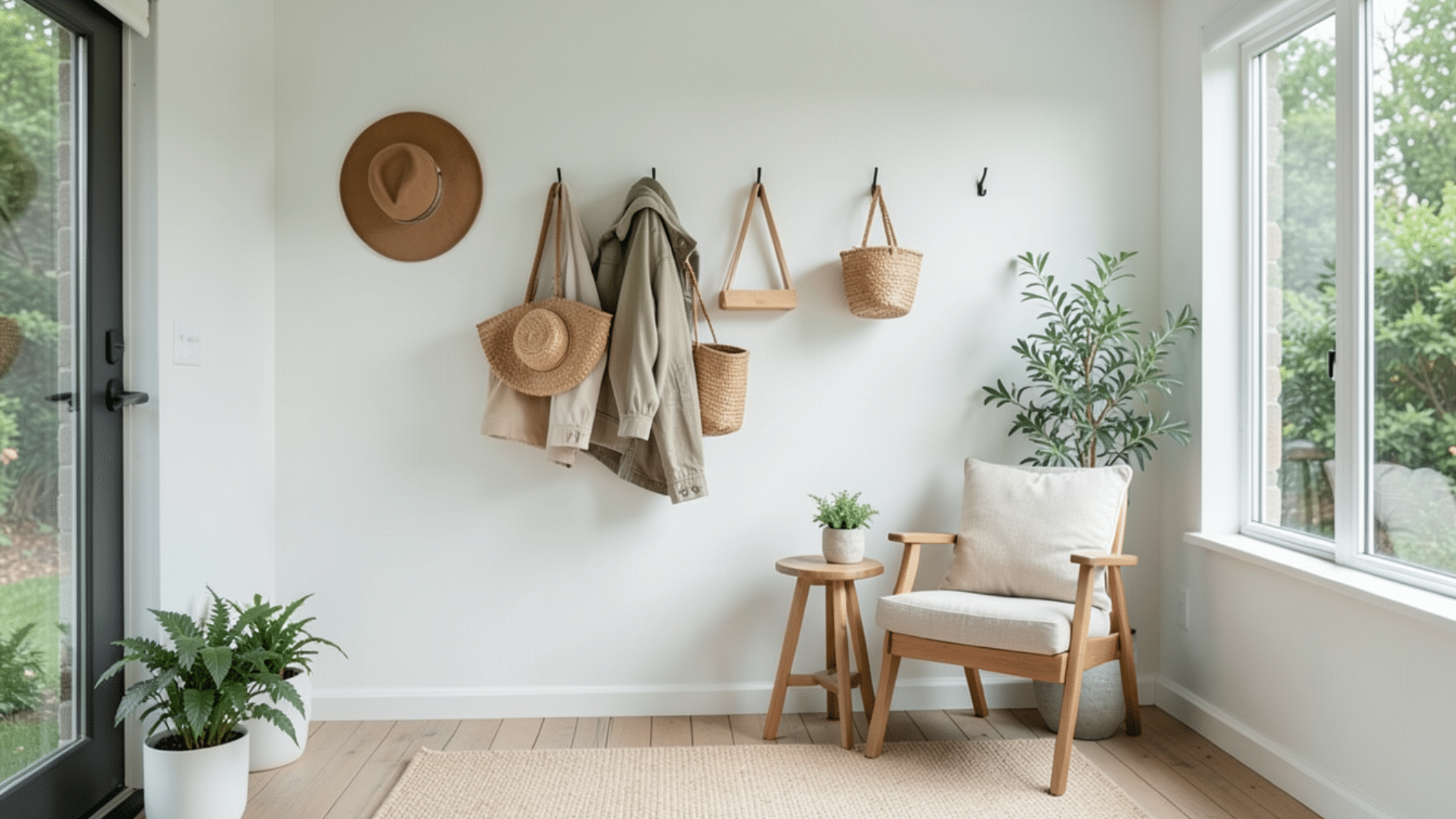 wall hooks with hats bags and jackets in a cozy setup great for enclosed porch ideas on a budget