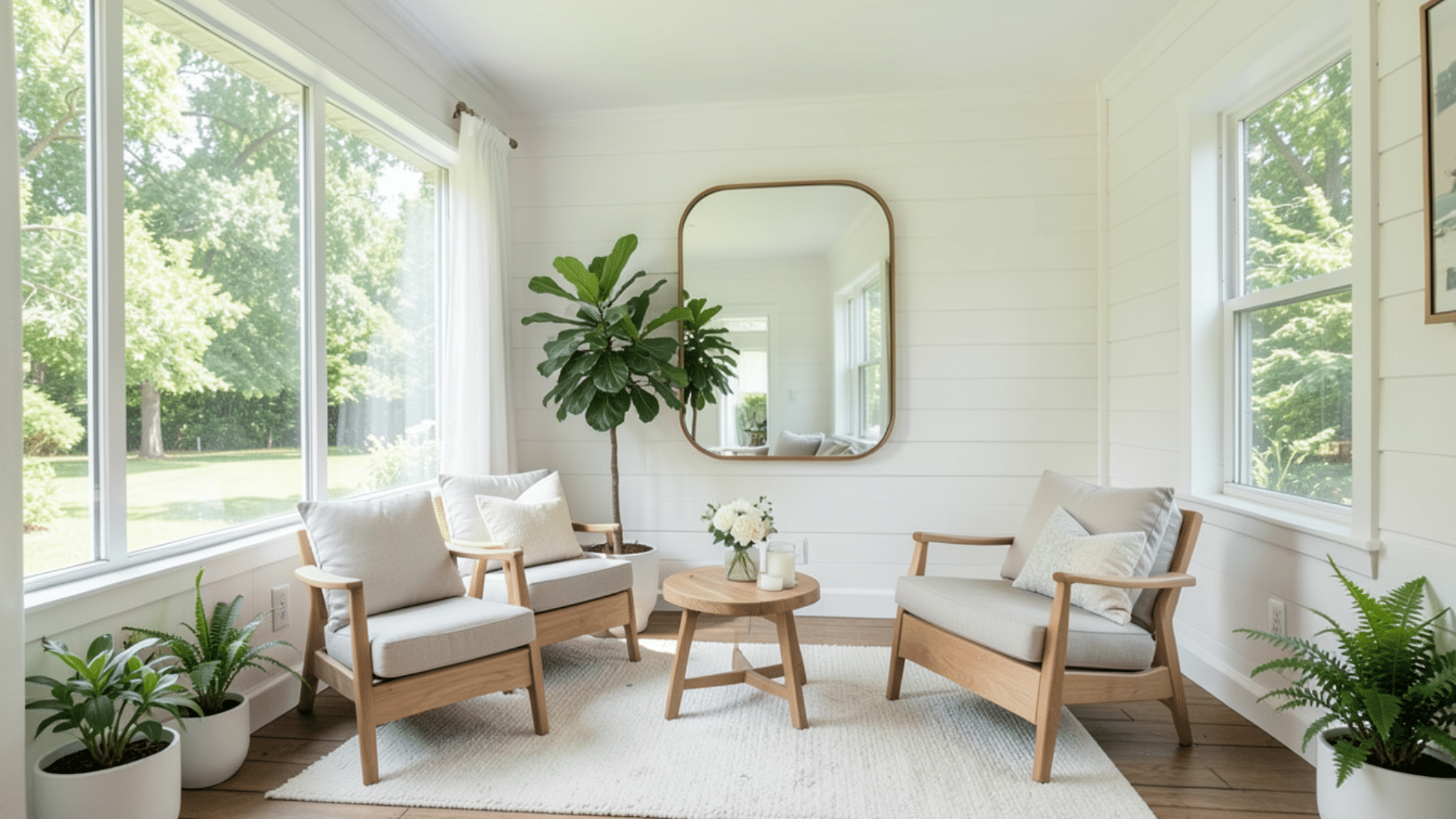 wall mirror reflects light and opens up space perfect enclosed porch ideas on a budget with bright airy feel