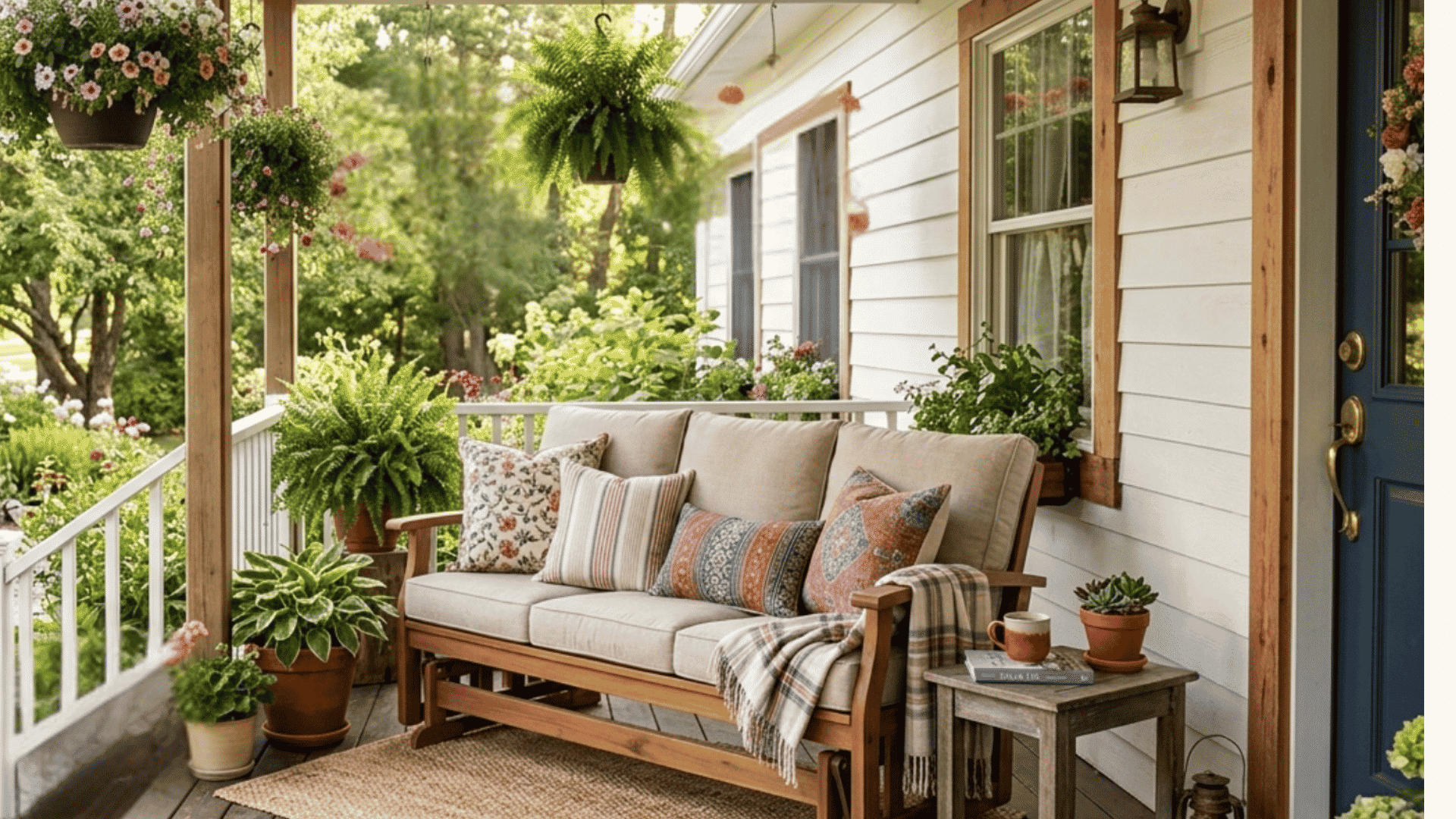 welcoming porch with cushioned bench hanging flowers and potted plants beside blue front door