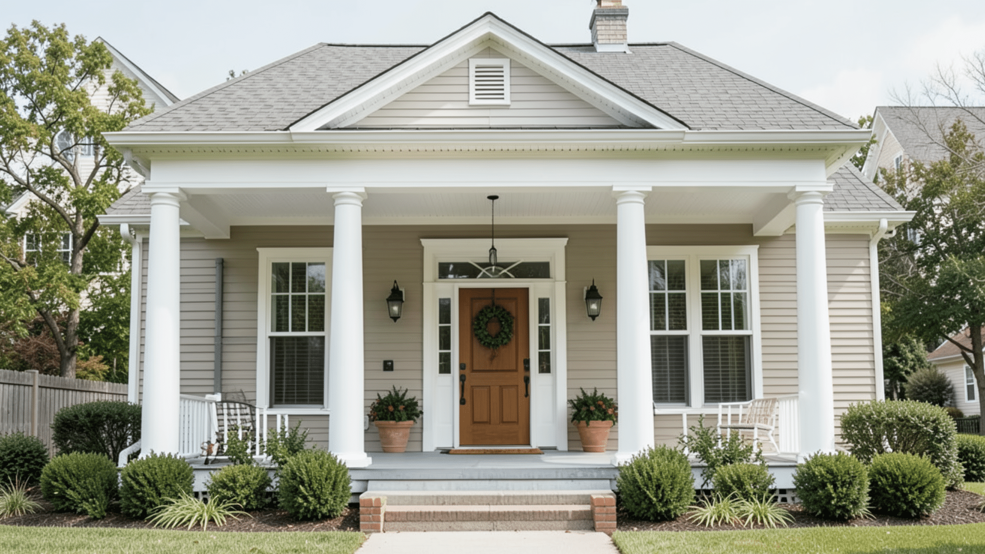 white column supported design showcasing front porch overhang ideas with classic symmetry bright exterior and a welcoming entrance