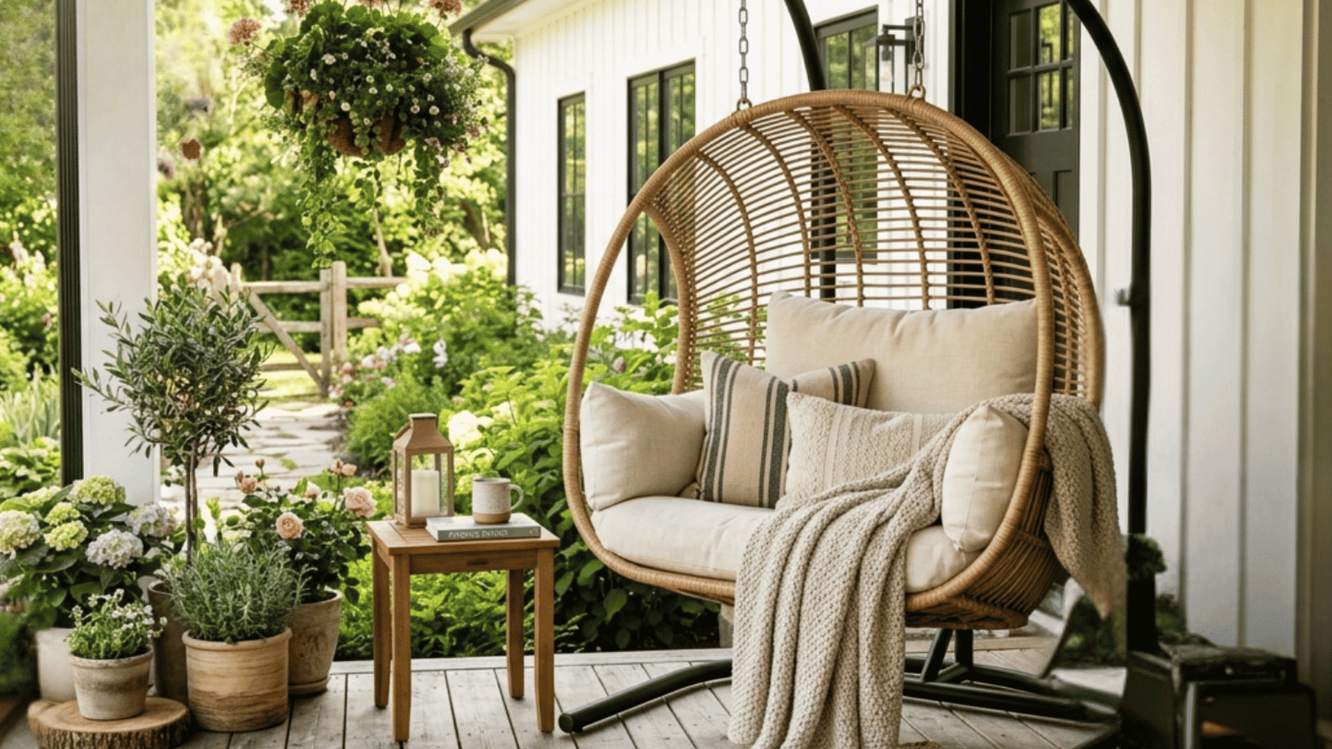 wicker armchairs with soft cushions on a cozy porch surrounded by plants and flowers perfect for front porch seating ideas (1)