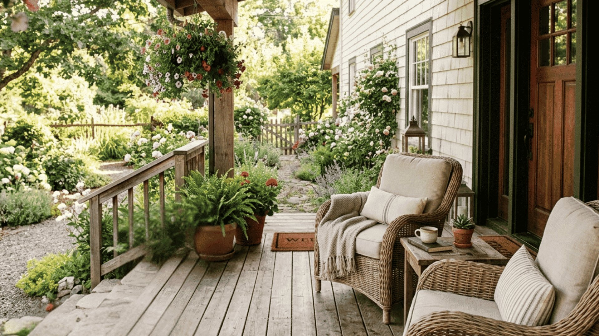 wicker armchairs with soft cushions on a cozy porch surrounded by plants and flowers perfect for front porch seating ideas