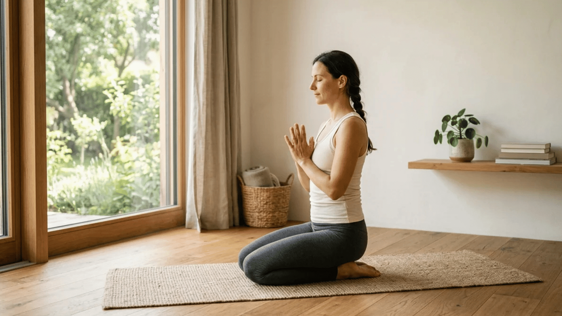 woman kneeling on mat practicing yoga with hands together near window with natural light and calm indoor setting