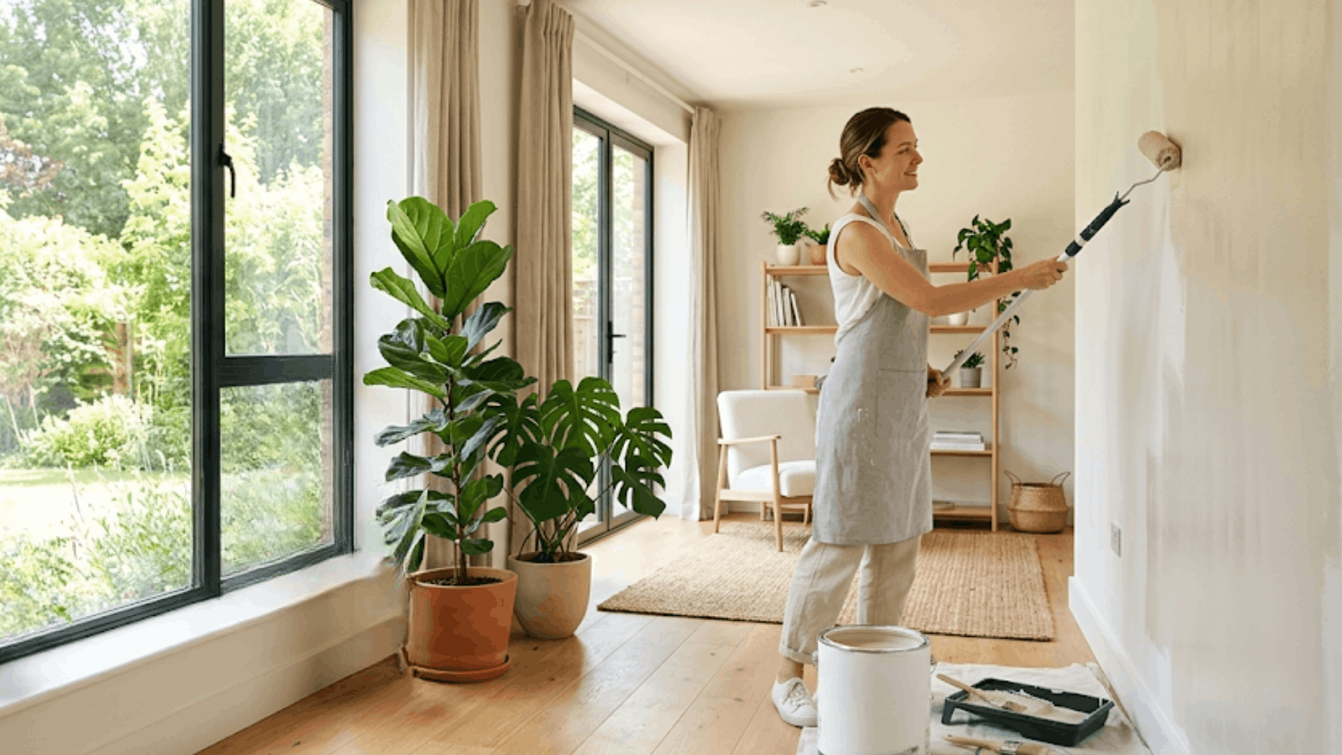 woman painting indoor wall with roller near large windows and plants using eco friendly low voc paint in bright room (1)