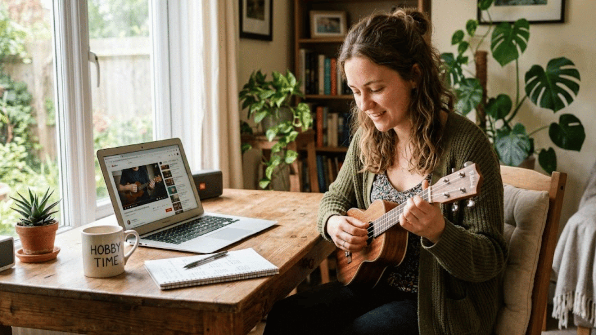 woman sitting at table playing ukulele while watching tutorial on laptop with notebook and coffee mug in cozy home setting