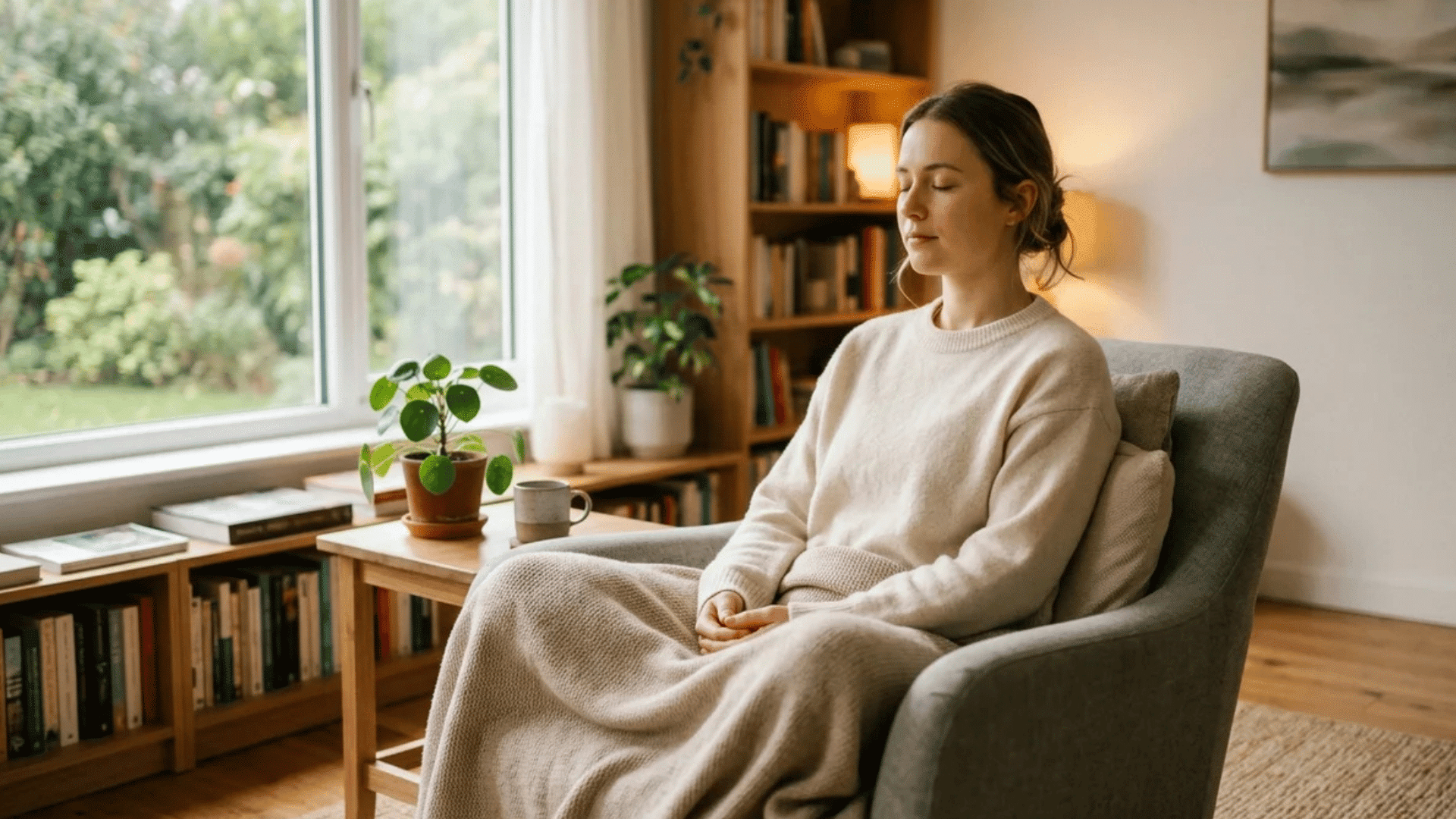 woman sitting in armchair meditating with eyes closed near window with plants books and soft natural light in calm home setting