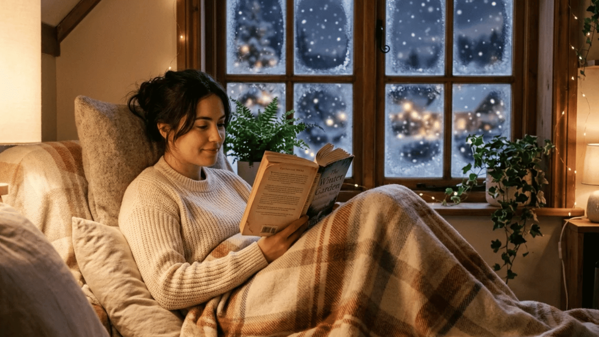 woman sitting on couch reading book under blanket near window with falling snow outside and warm lamp light in cozy room
