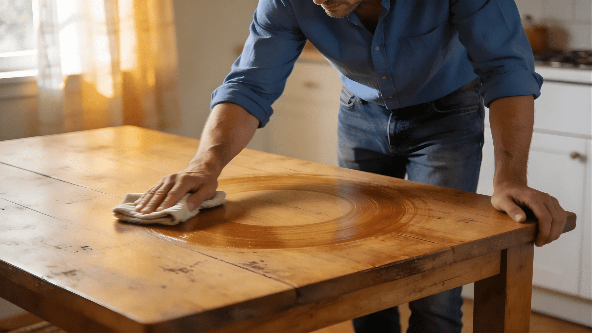 woman wiping wooden table with cloth near window demonstrating how to polish wood furniture