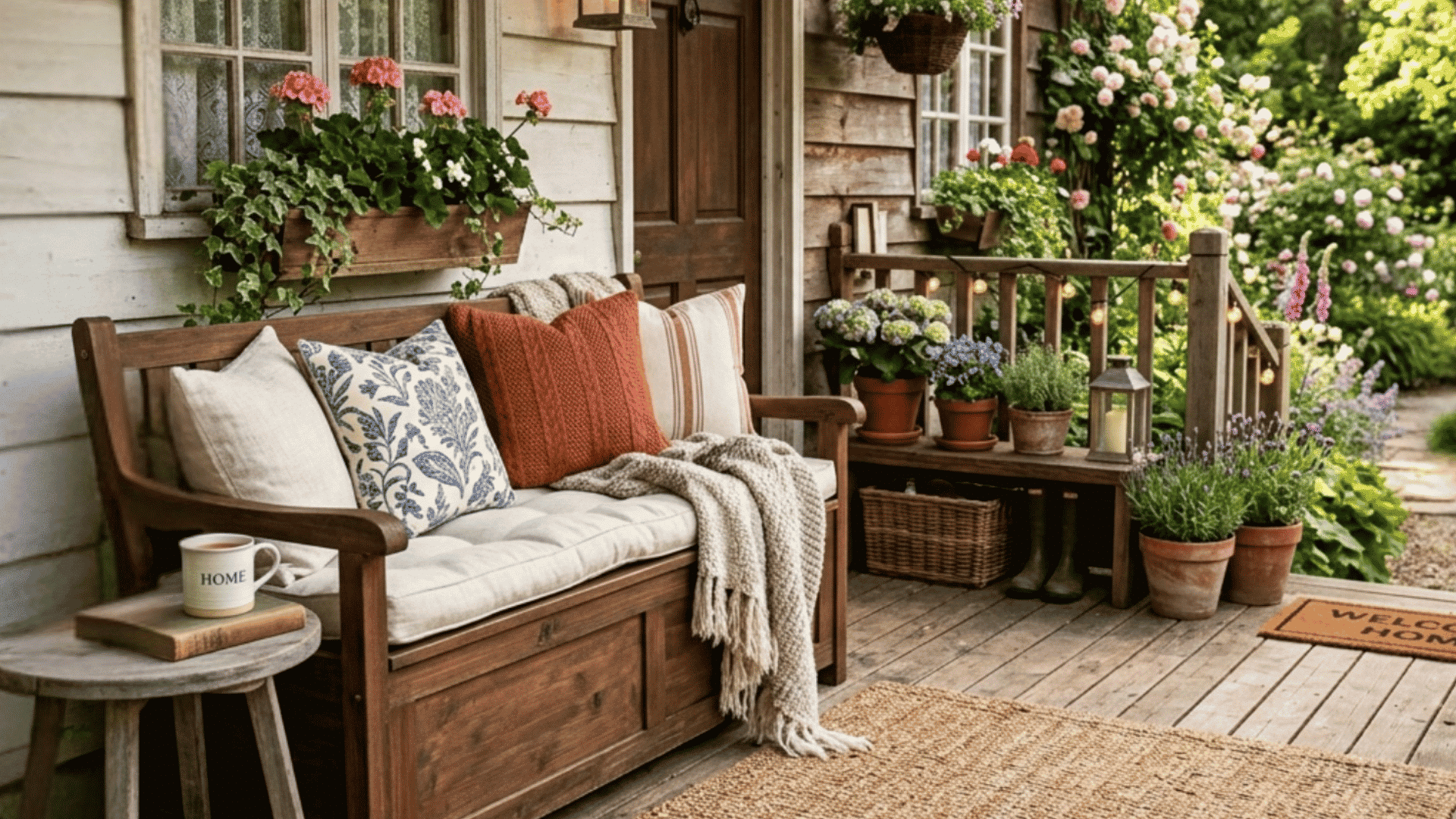 wooden bench with storage and cushions on a cozy porch a smart and stylish pick for front porch seating ideas