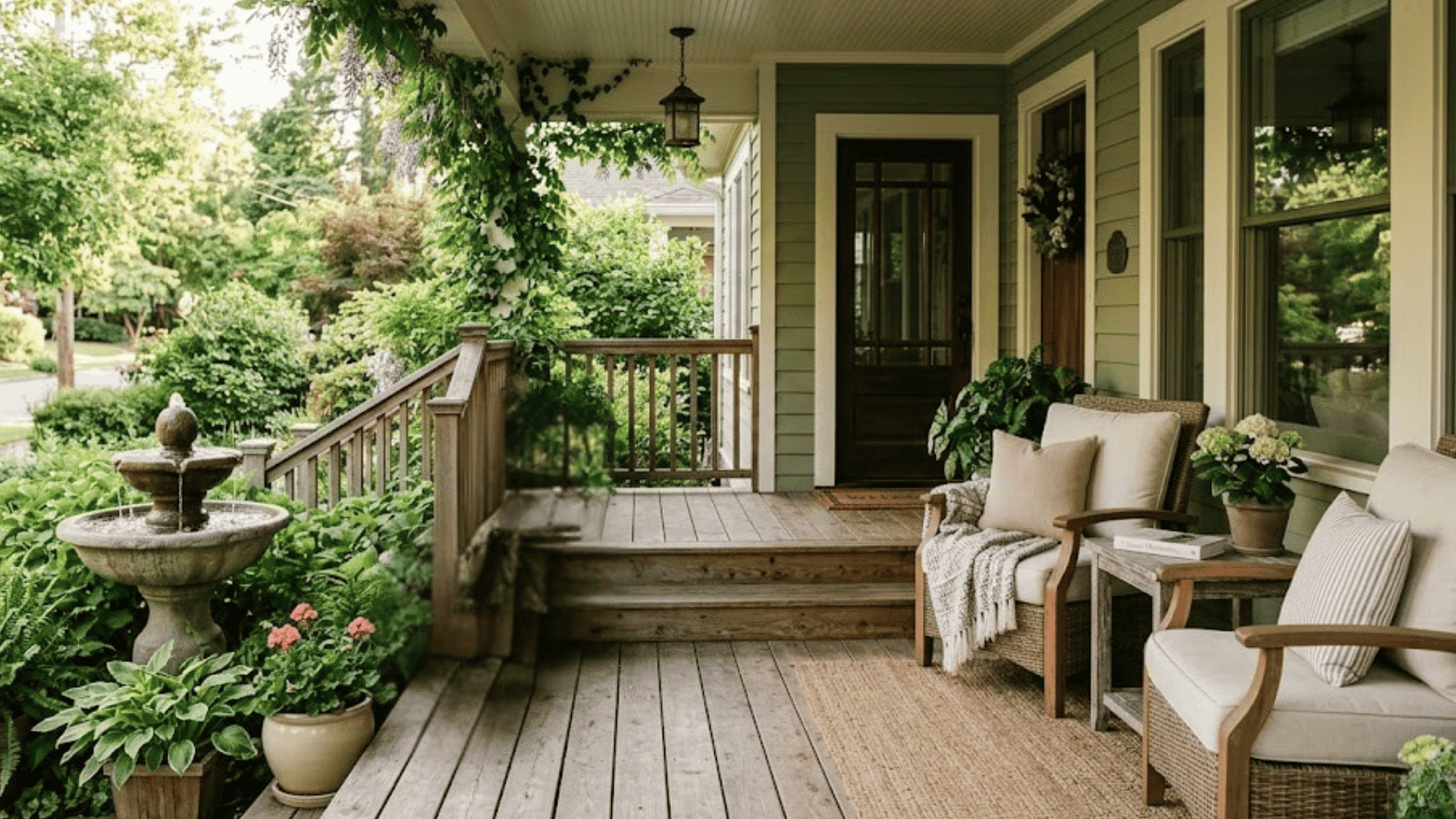 wooden front porch with cushioned chairs potted plants and garden fountain nearby