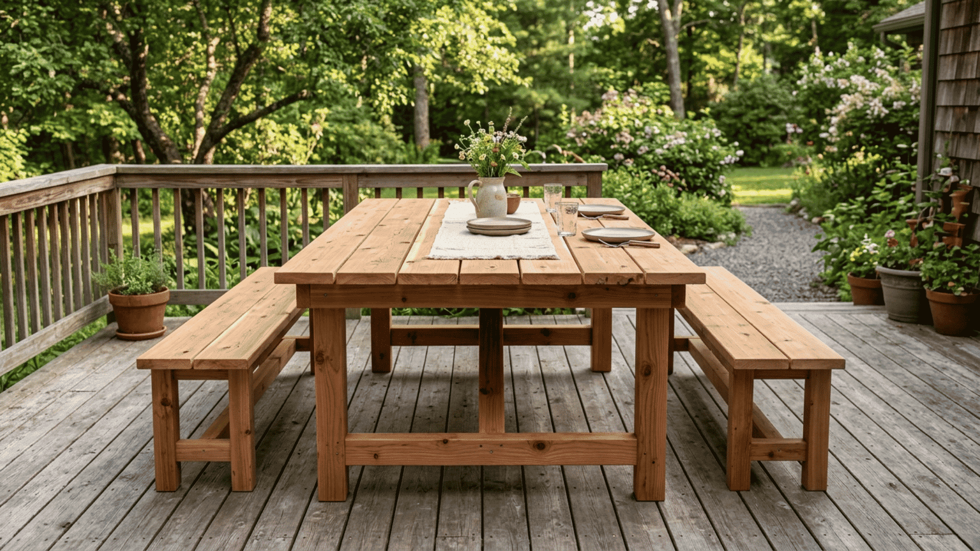 wooden outdoor dining table with matching benches place settings and flowers on spacious garden deck
