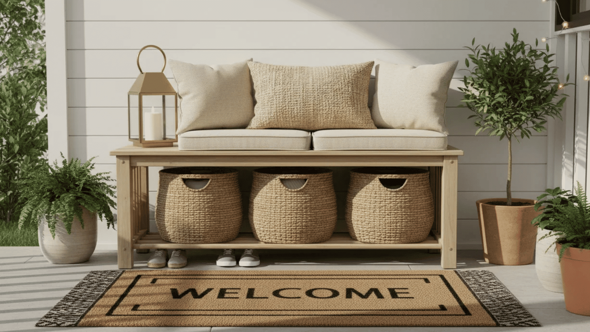 wooden porch bench with soft cushions woven baskets welcome mat and potted plants in sunlight