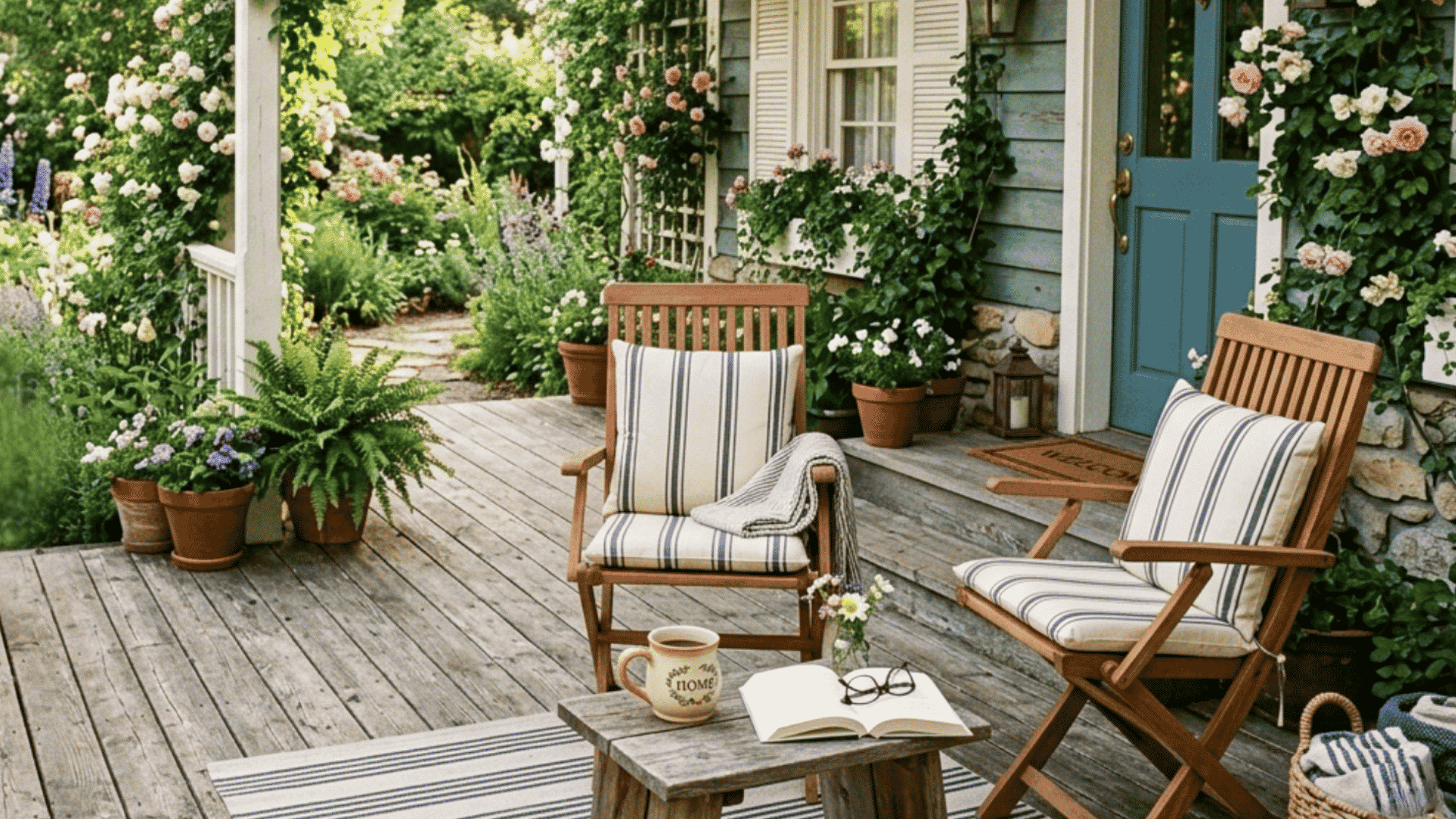 wooden porch with striped chairs coffee mug and blooming garden surrounding cozy blue cottage door