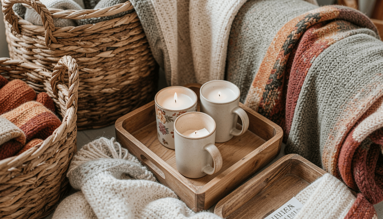 wooden tray with candles mugs and small pumpkins on table with woven basket and soft textures creating a warm cozy fall feel