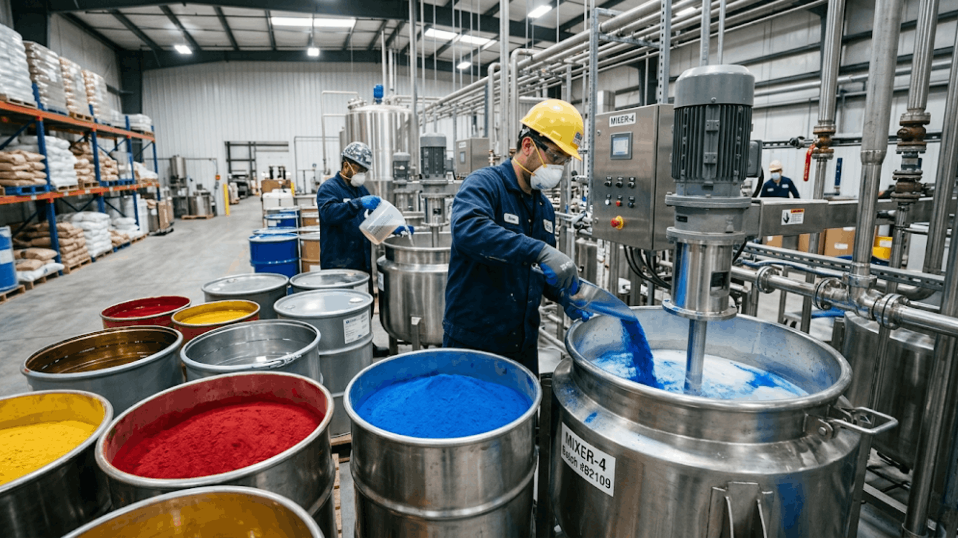 workers mix colorful pigment powders into liquid base using industrial equipment in paint factory (1)