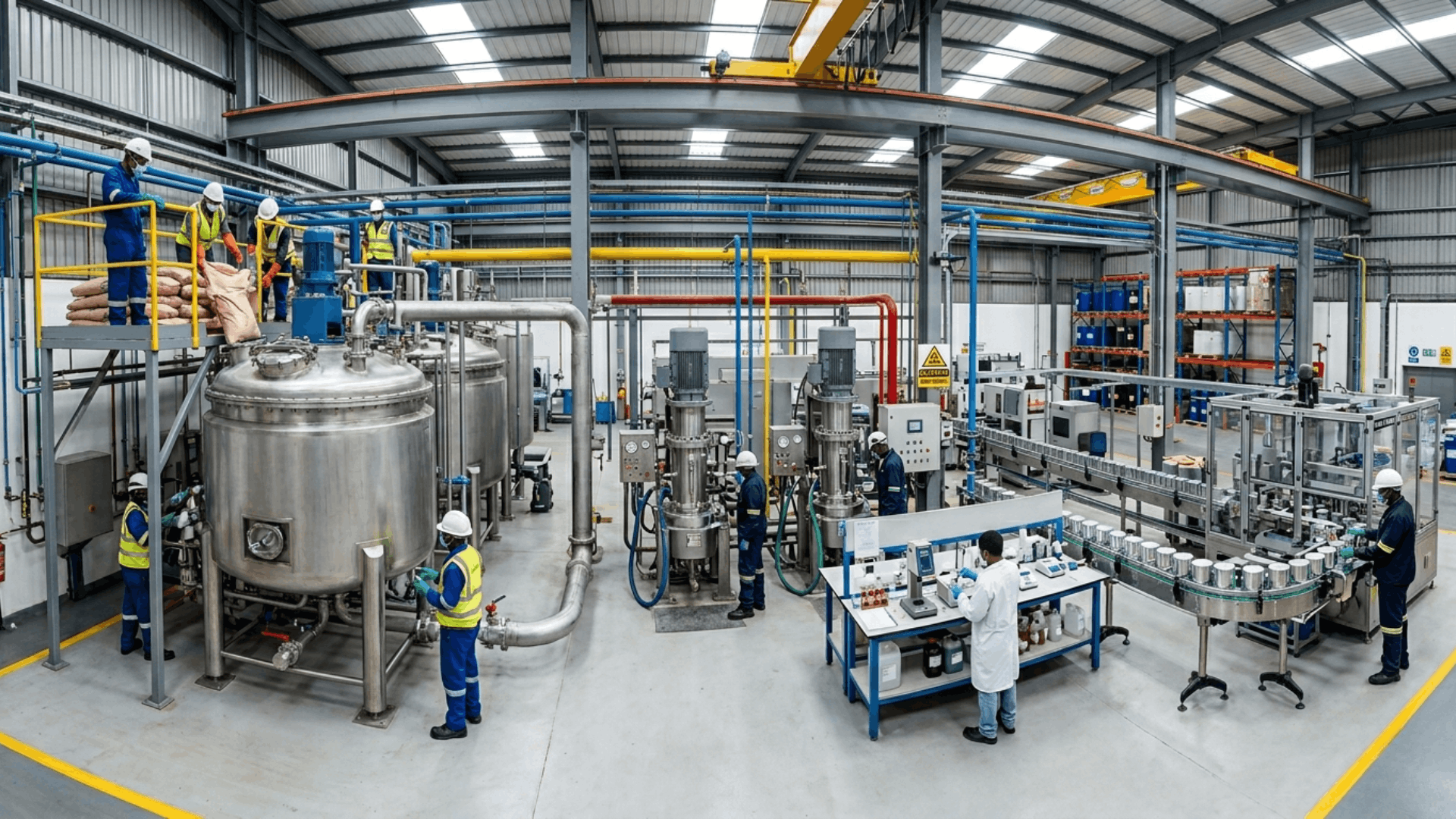workers operate large metal tanks and conveyor line in industrial paint production facility (1)