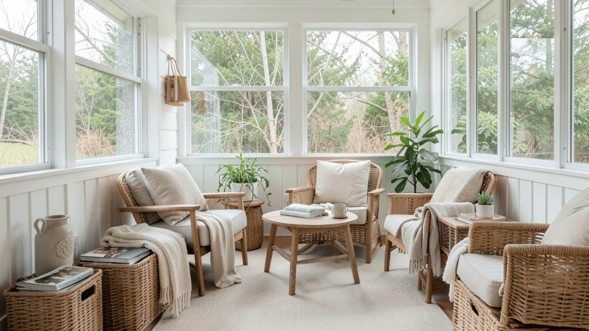 woven baskets add stylish storage and warmth perfect enclosed porch ideas on a budget with cozy organized space